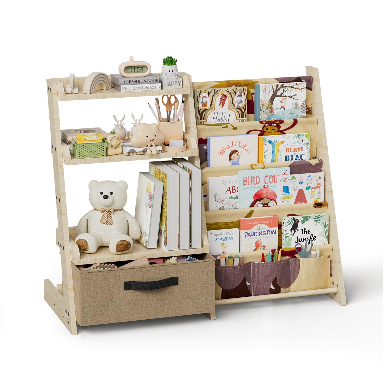 Scaffale per bambini con organizer per giocattoli 2 in 1 – Libreria in legno e tessuto con 4 scomparti, cassetto e tasche portapenne, scaffale sicuro per bambini, altezza 68 cm, per cameretta dei