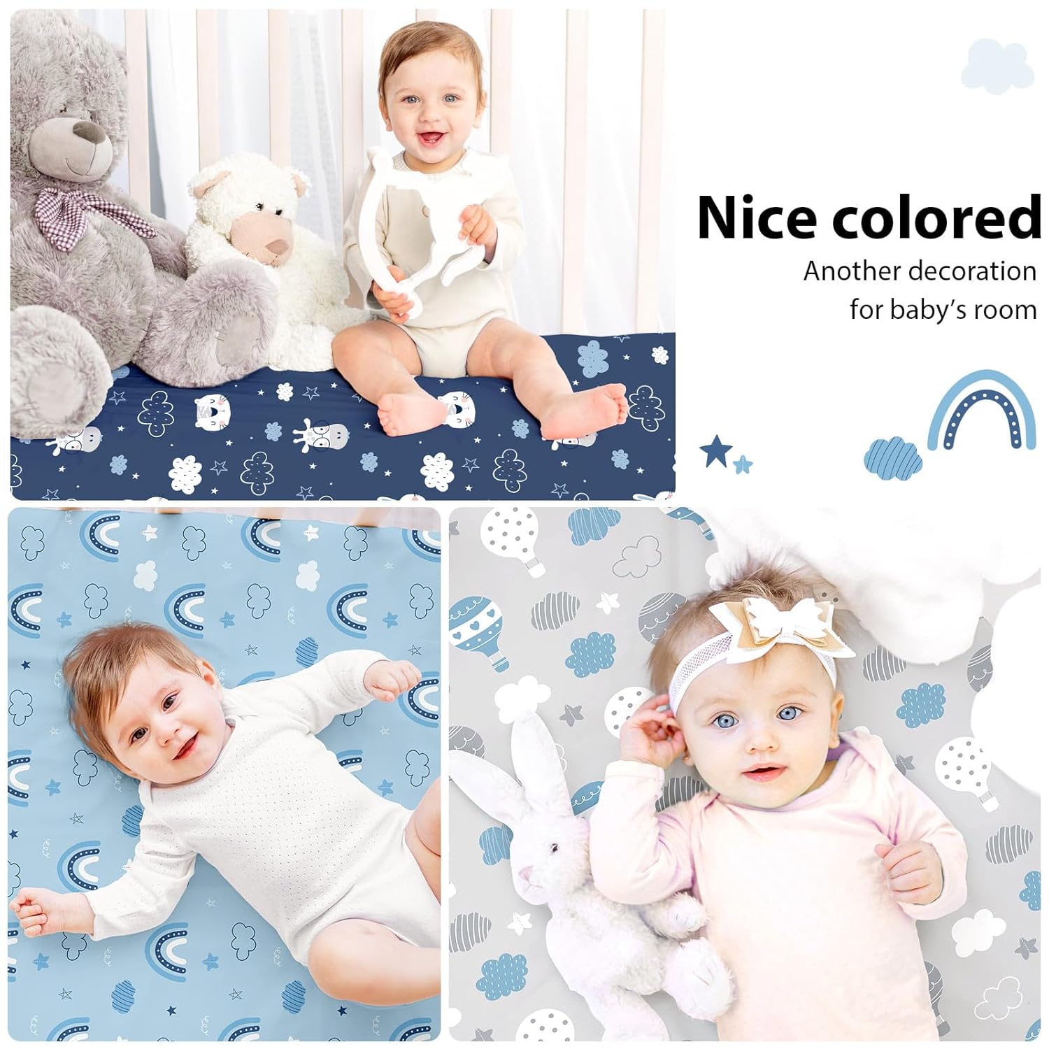 Baby Crib Sheets for Boys and Girls, 3 Pack Toddler Bed Sheets for 52”x28” Standard Toddler Mattresses, Soft Microfiber Fitted Crib Sheets Neutral Blue Cloud Animals - Image 6