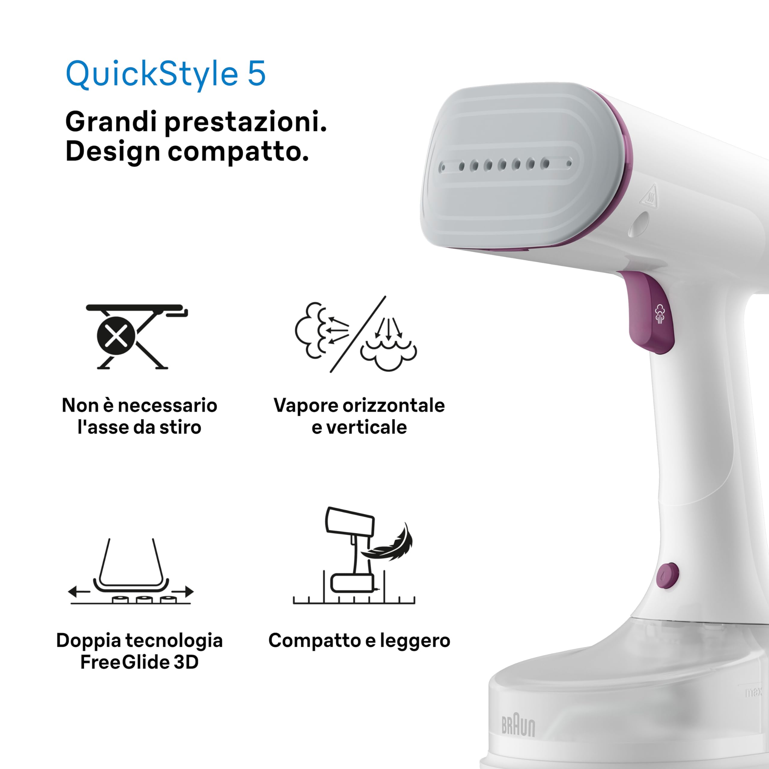 Braun QuickStyle 5 GS5011PU, Stiratore Verticale con la Prima Piastra al Mondo con Tecnologia Dual FreeGlide 3D, Riscaldamento Rapido, Vapore 22 g/min, Capacità Serbatoio 150ml, 1200W, Bianco/Viola