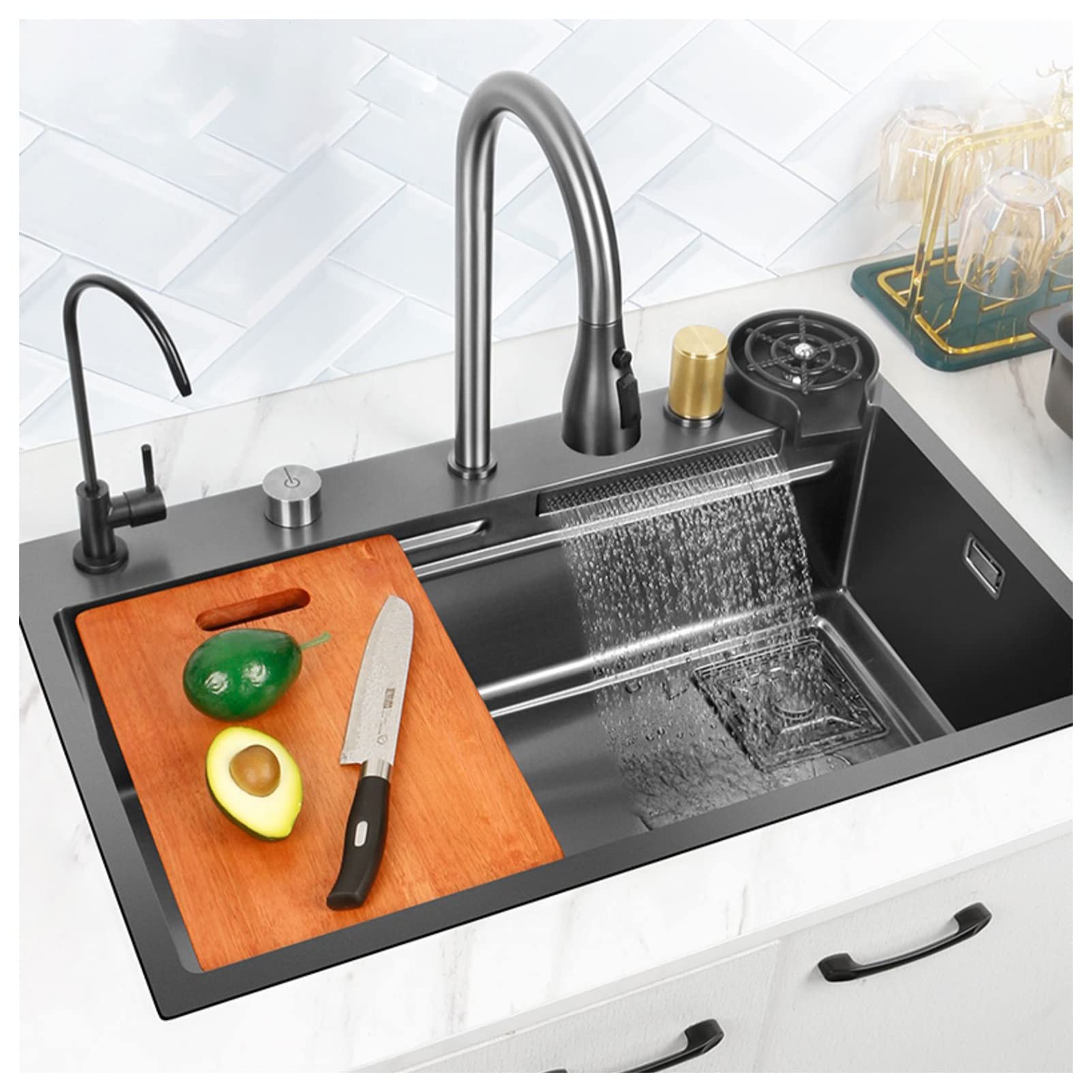 WIQUYBML Waterfall Sink Home Nano Vegetable Basin Kitchen With Pull-Out Faucet Pressurized Cup Washer (Color : Black, Size 68x46x21cm)