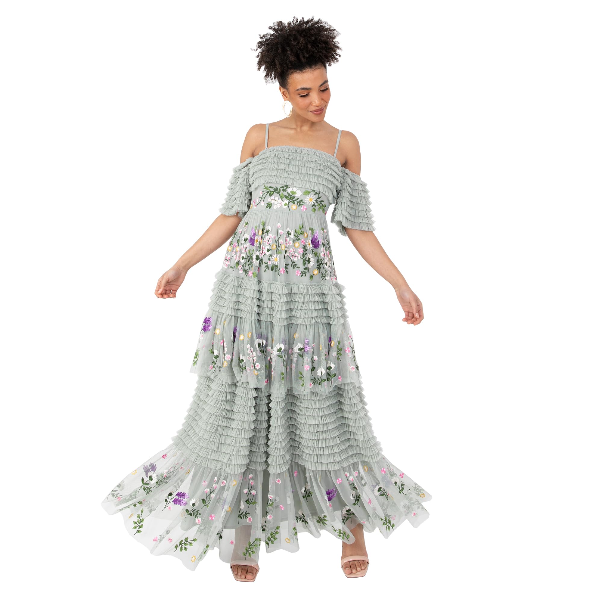 Maya Deluxe Vestido Largo para Mujer, Hombros Descubiertos, Tirantes Delgados, Bordado Floral, Volantes, Tul, invitada de Boda, Lirio Verde, 44