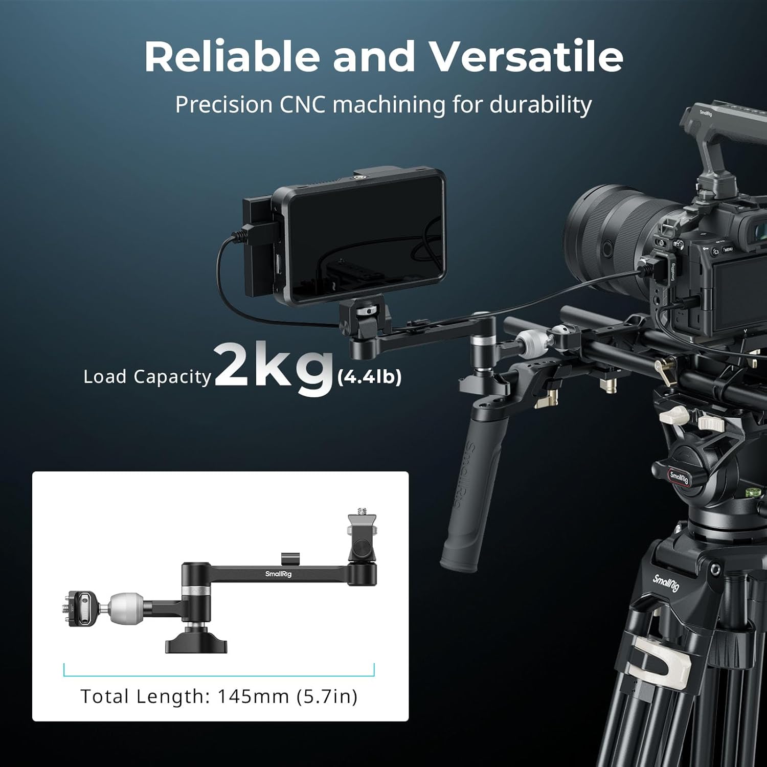 Image showing the SMALLRIG Magic Arm 5141 with its load capacity of 2kg (4.4lb) and total length of 145mm (5.7in).