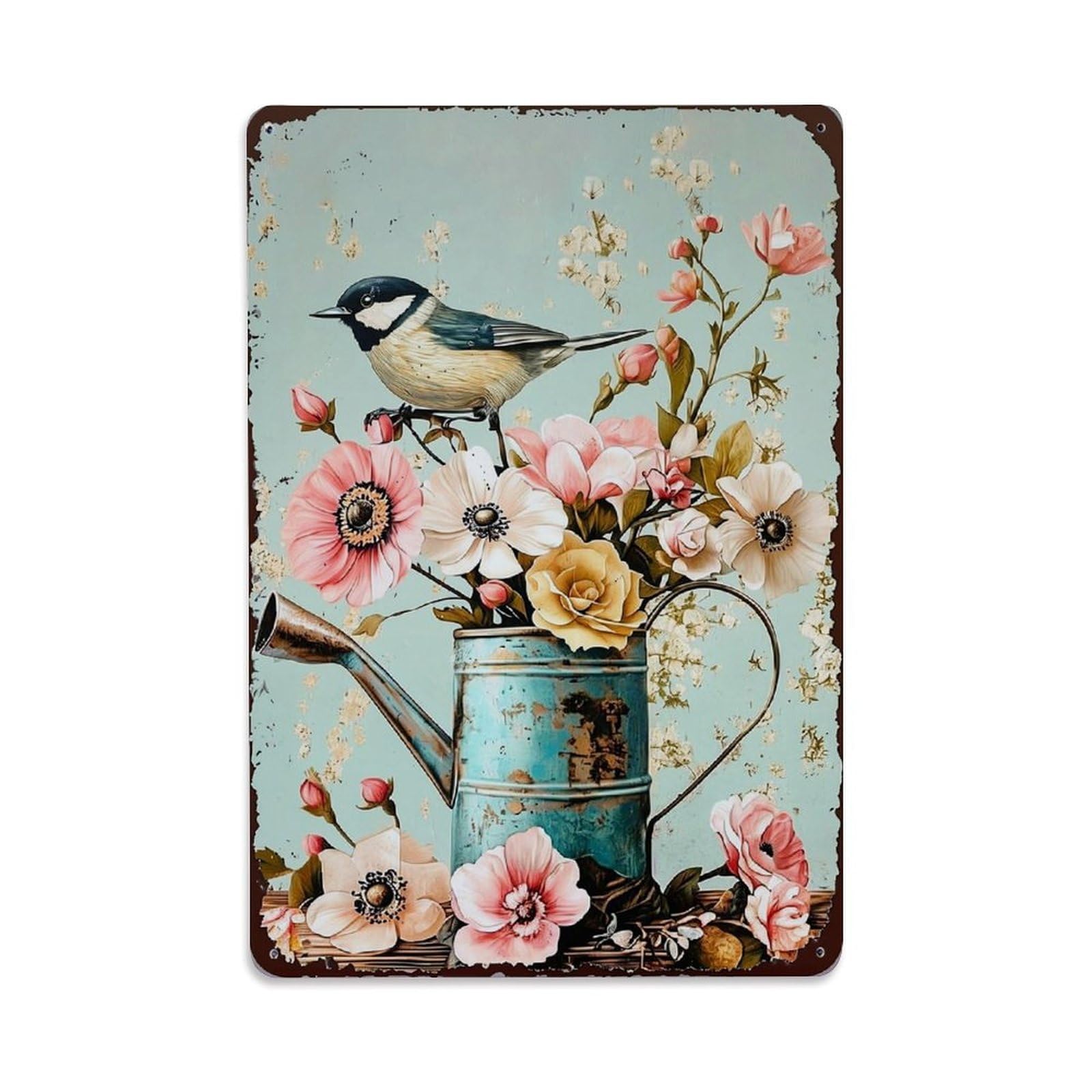 Bliveurn Vintage Bird On Rustic Watering Can Retro Metal Tin Sign, Metal Poster For Home, Gaming Room, Studio Workshop,Bar,Garage Wall Art Decor 8X12 Inch