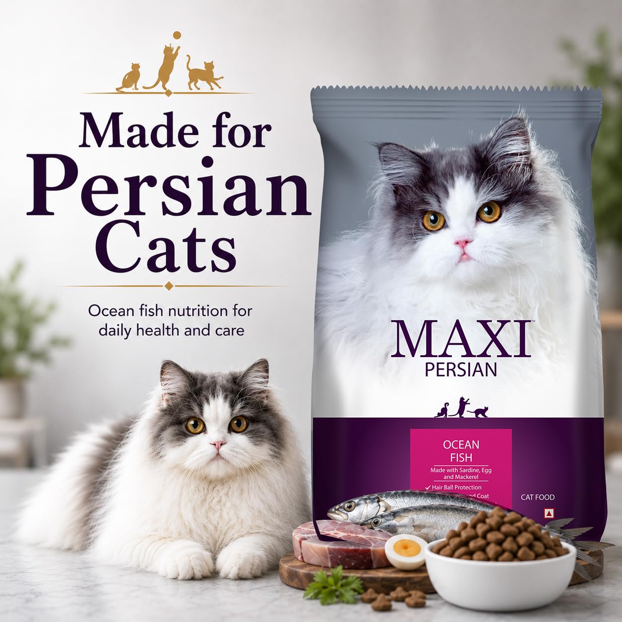 Maxi Persian Adult Dry Cat Food 2.4kg (1.2kg + 1.2kg) | Ocean Fish Flavour | Suitable for All Life Stages | Supports Healthy Coat & Skin | Enriched with Essential Nutrients