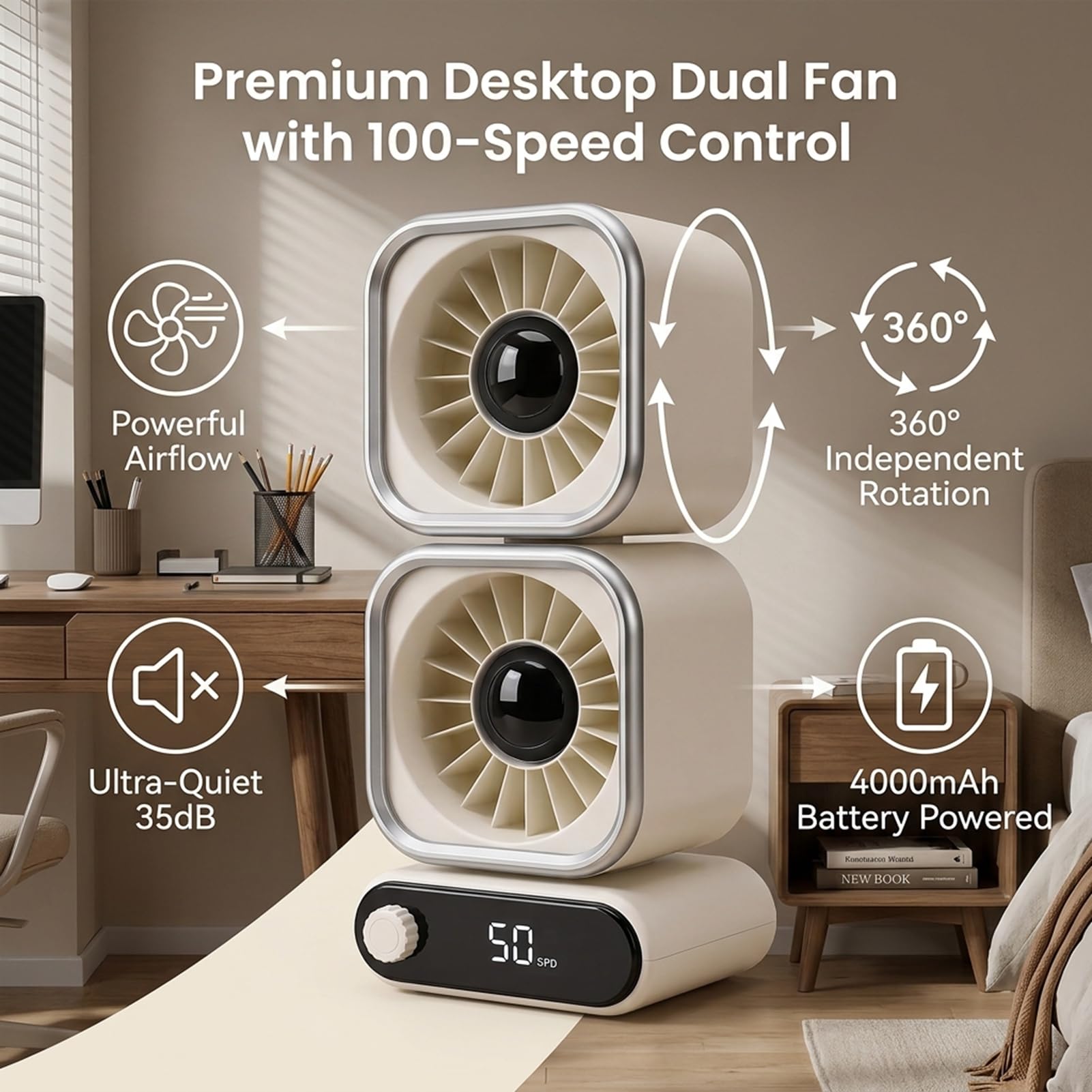 Tischventilator, Schreibtischventilator, Tragbarer Ventilator, 2 Köpfe, 100 Geschwindigkeiten, Verstellbarer USB-Ventilator, LED-Anzeige, 360 Grad Drehbar, Leiser 4000-mAh-