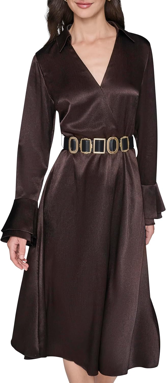 Karl Lagerfeld Womens Long Sleeve Crinkle Poly Satin Novelty Belt Midi Shirt Dress