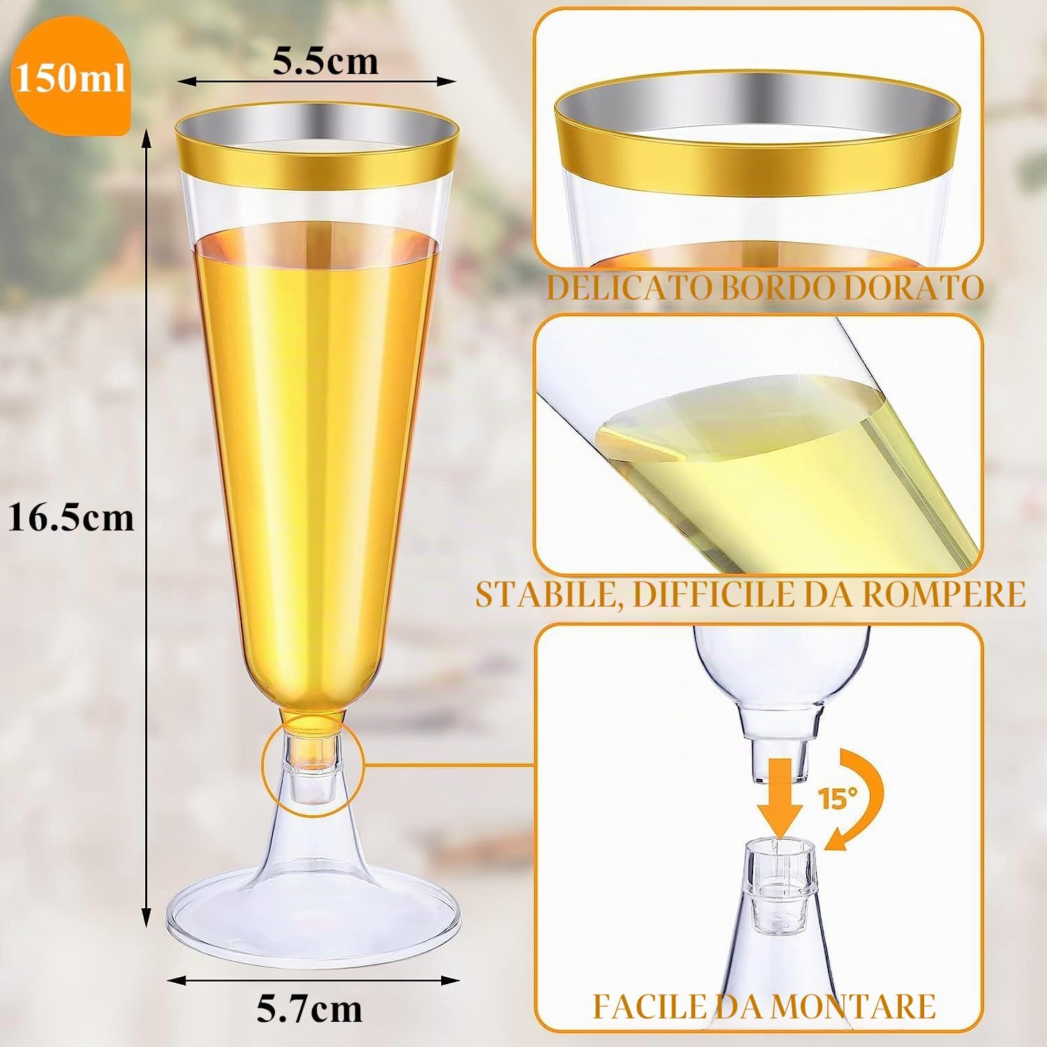 LATERN 50 Pezzi Riutilizzabili Flute da Champagne con Bordo in Dorato, 150ml Bicchieri da Champagne in Plastica Bicchieri da Vino con Gambo per Anniversario Matrimonio Giardino Feste (5,5 x 16,5cm)