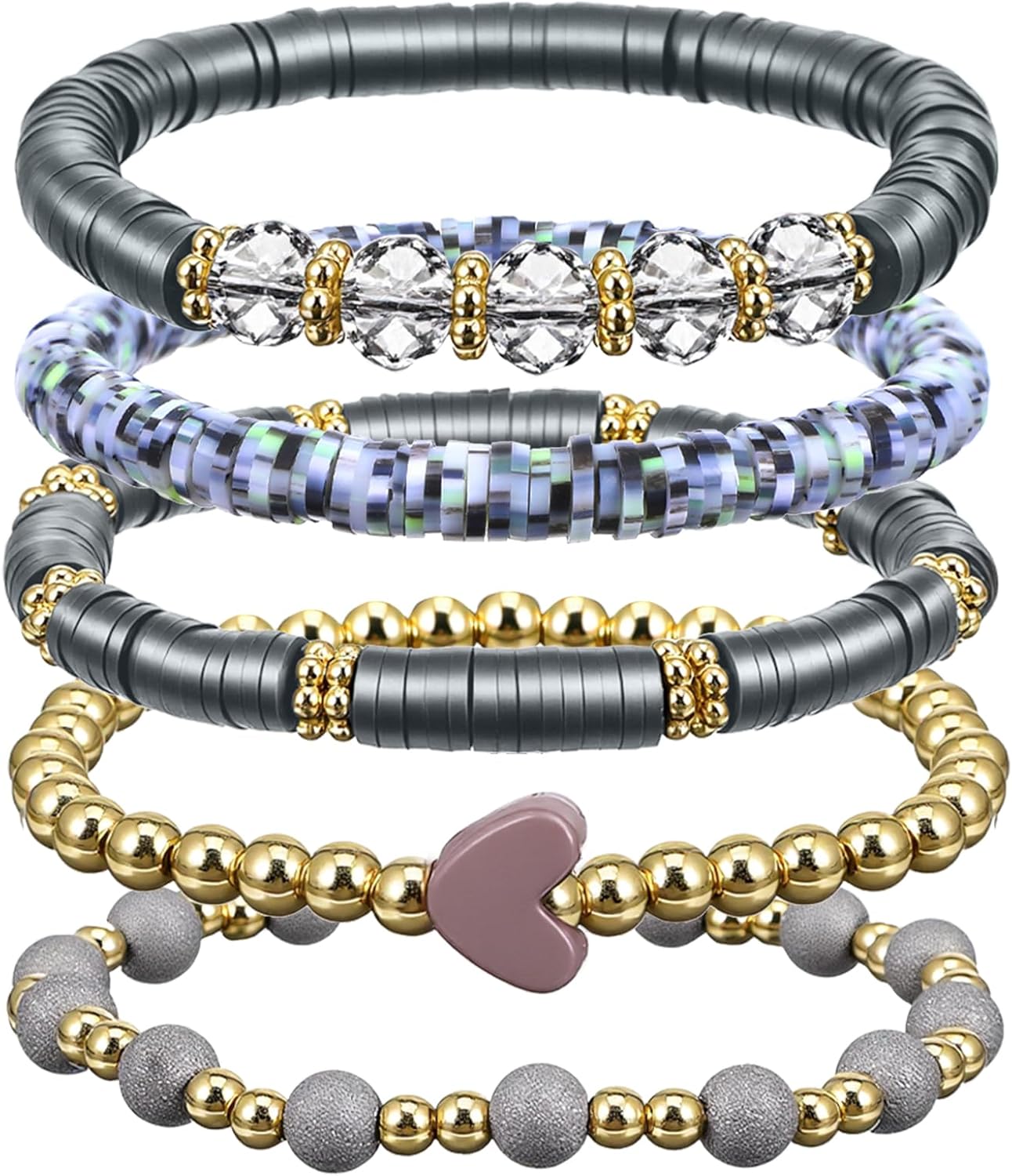 Sibba Beaded Stretch Bracelets for Women Stackable Polymer Clay Beads Bracelet Set Elastic Bohemian Friendship Bracelets with Gray Beads for Layered Stacking Christmas Jewelry Gifts (5-Piece Set) - Image 8