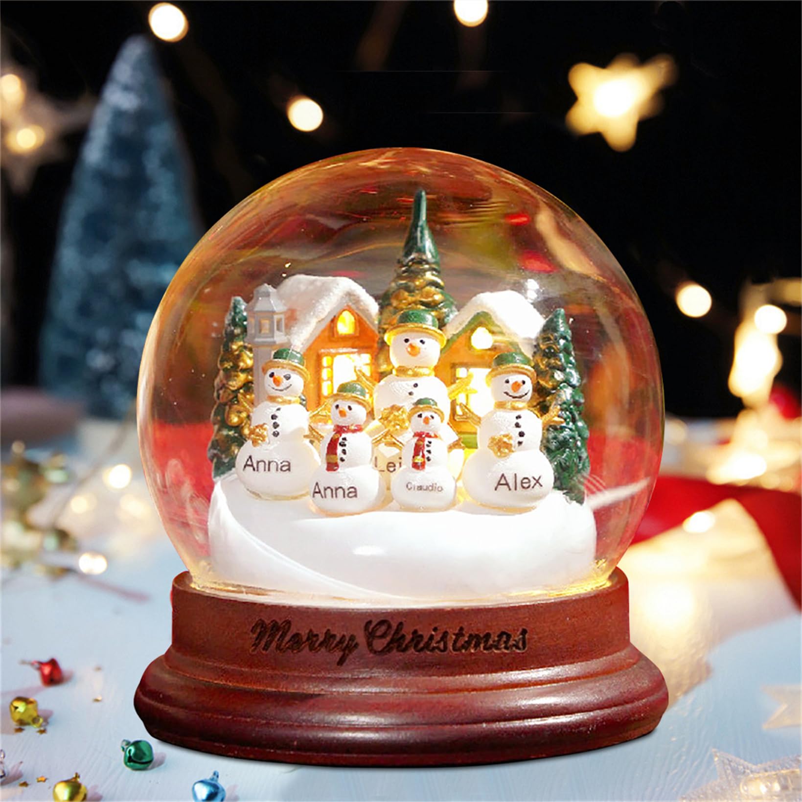 Bola de cristal personalizada de muñeco de nieve con 1-8 nombres, globos de nieve de Navidad con luces, decoración del hogar de mesa de Navidad, regalo para familia, abuela, mamá, abuelo (lámpara de