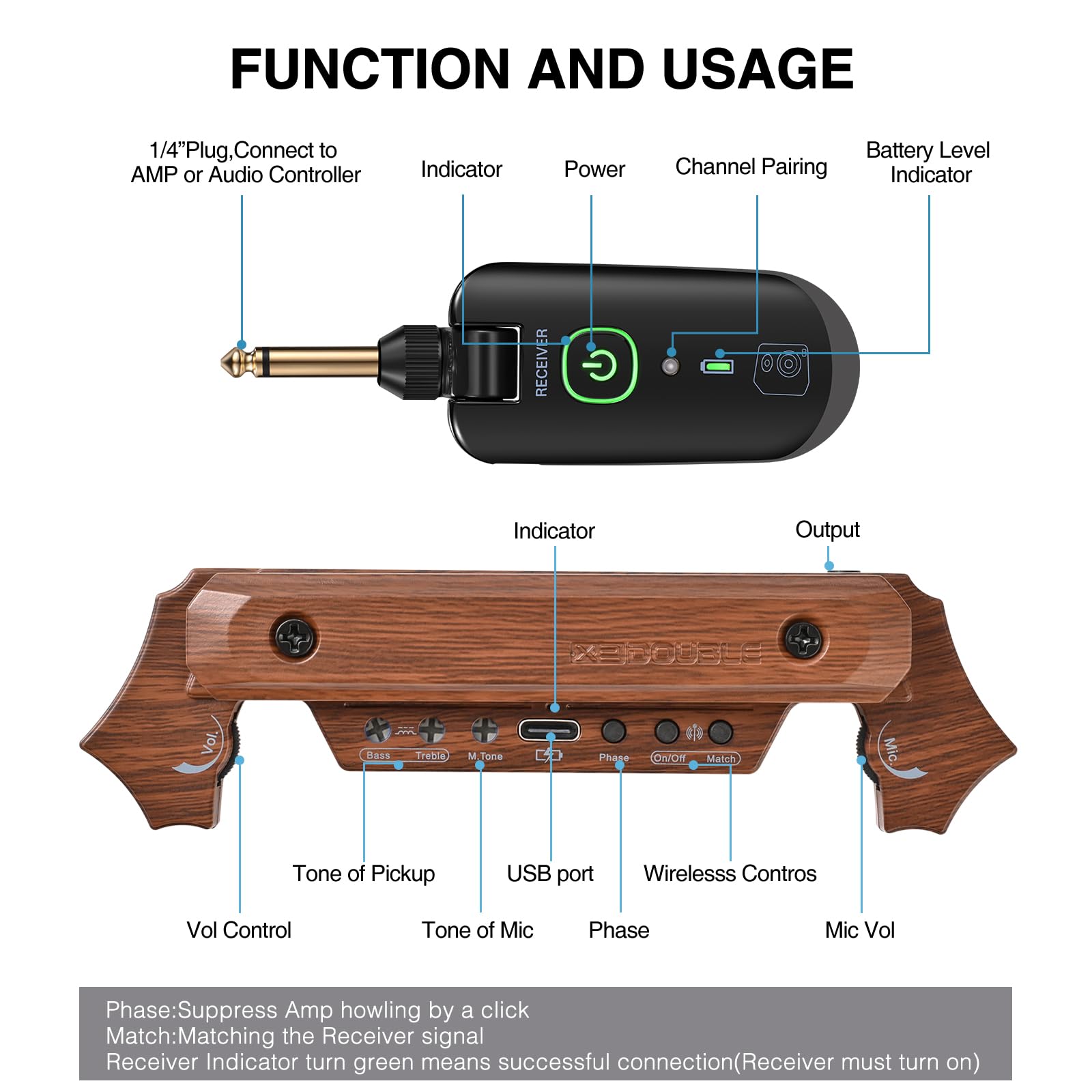 Pastilla inalámbrica para guitarra acústica, recargable, magnética y micrófono para guitarra acústica, control de volumen integrado (grano de madera)