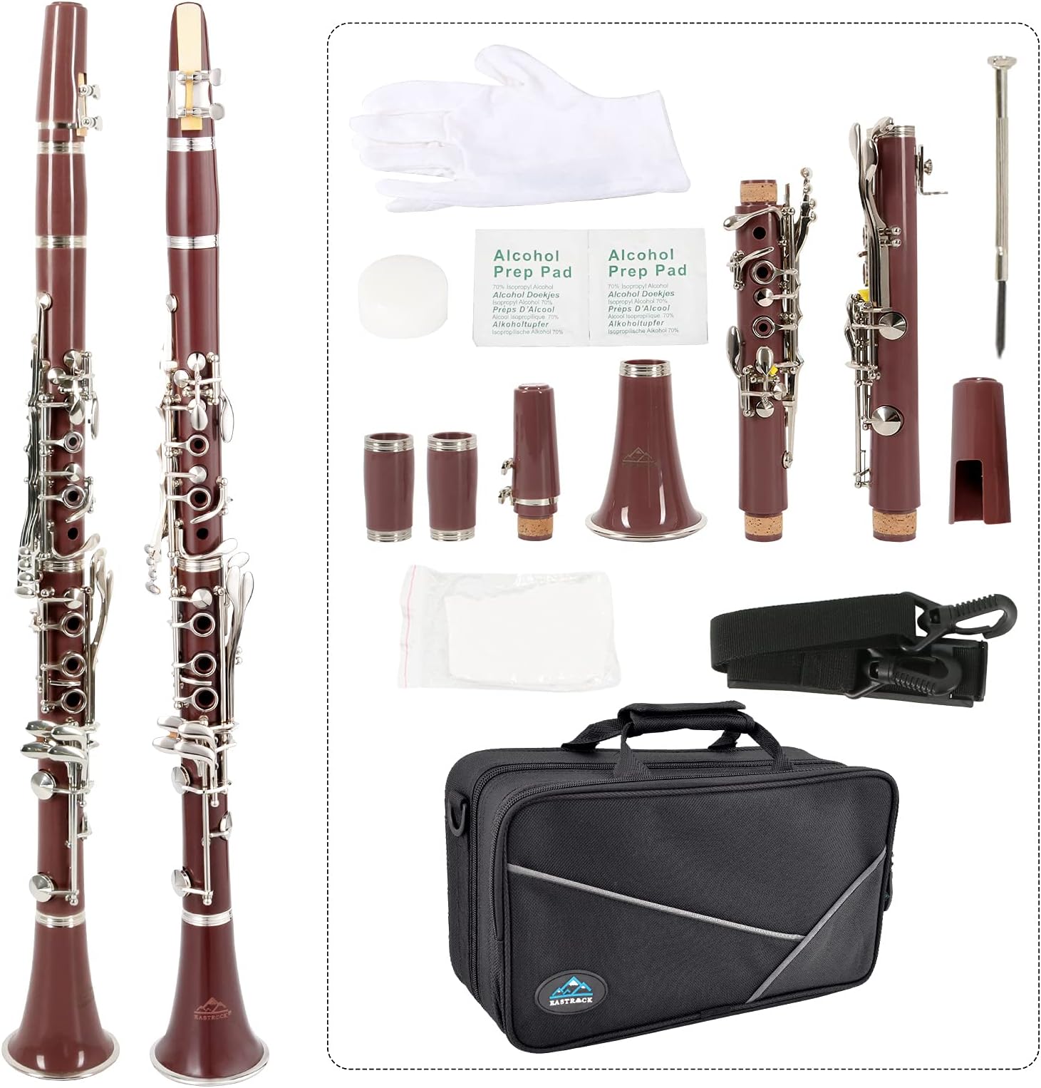 EASTROCK Bb Flat Clarinet with 17 Nickel Keys - Beginner Student Clarinet, Hard Case and Cleaning Kit