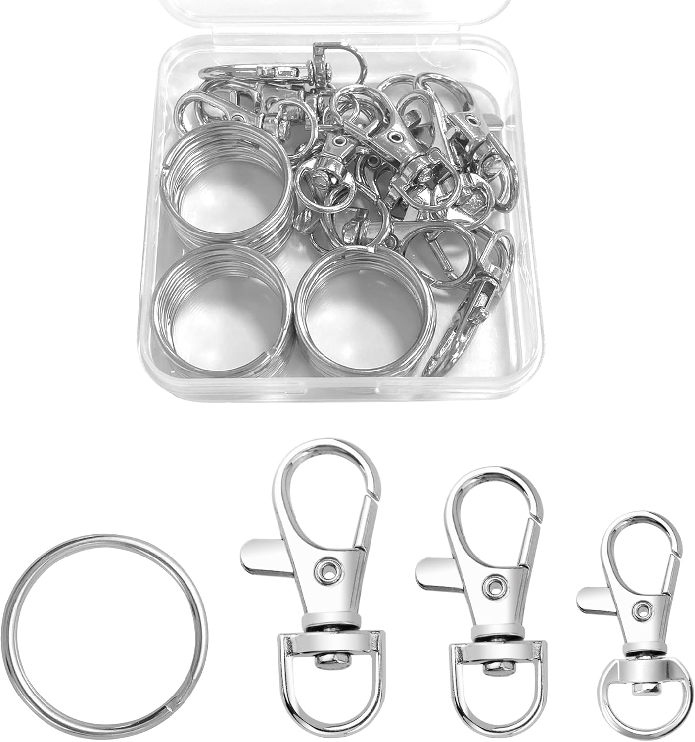 Quacc 15 Set Swivel Snap Hooks with Key Rings, 3 Different Sizes Metal Lobster Claw Clasps Keychain Making Hardware Sturdy Keyring Clips for DIY Art Crafts Crochet Keychain (Sliver, S+M+L)