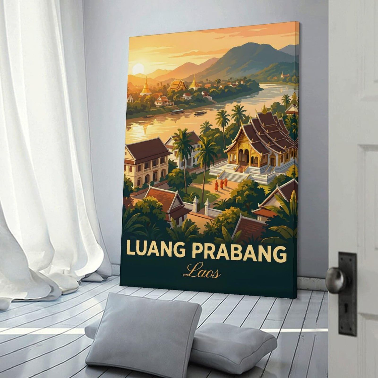 Junmoney Canvas Wall Art Luang Prabang, Laos Travel, 24x36inch(60x90cm), for Corridors, Hallways Or Apartment Entries, Decorative Canvas Styling for Entry Areas