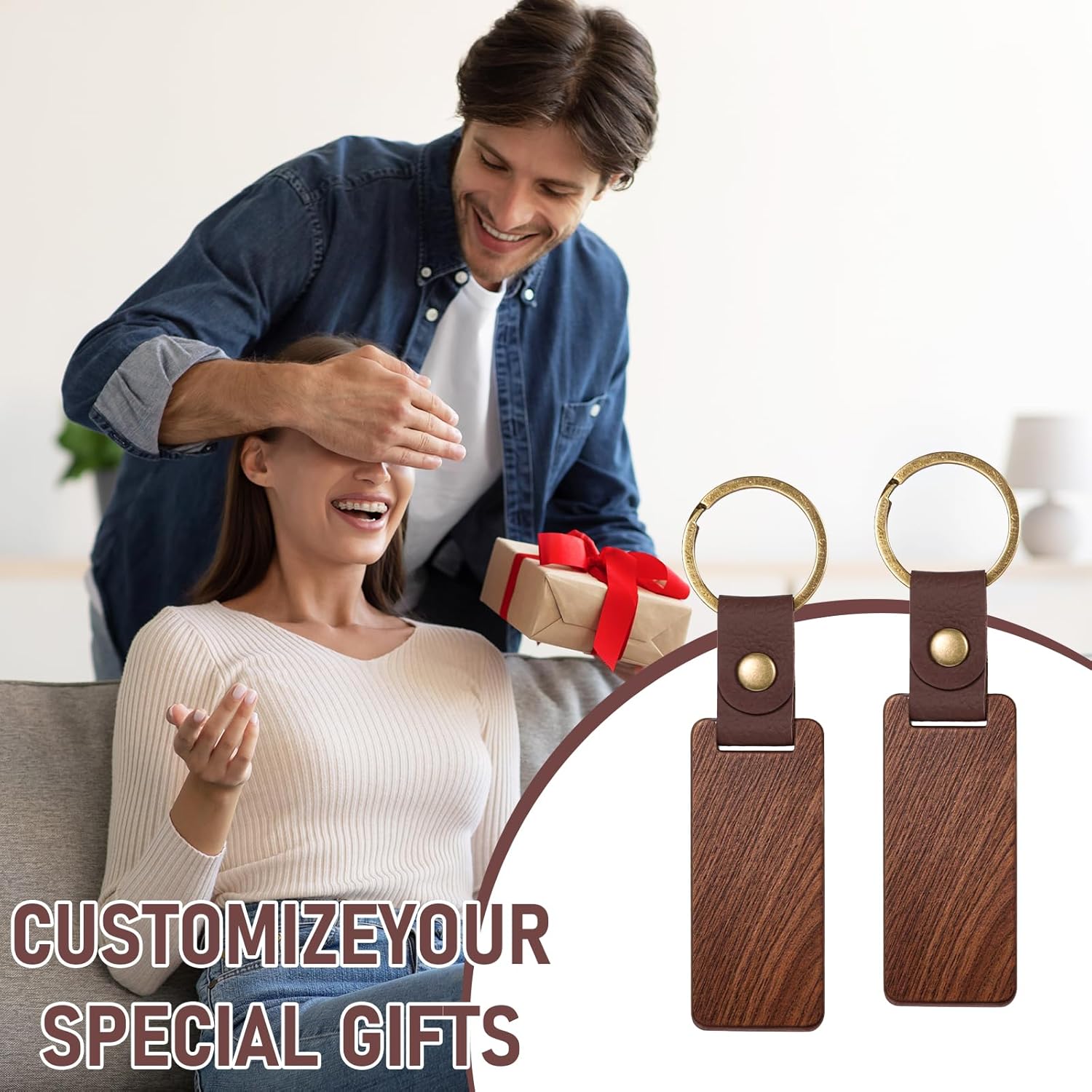 25 Pieces Leather Wood Keychain Blank, Wooden Keychain Blanks with Leather Strap, Unfinished Wooden Keychains for Laser Engraving, DIY Various Key Tags, Wood Crafts Gift - Image 7