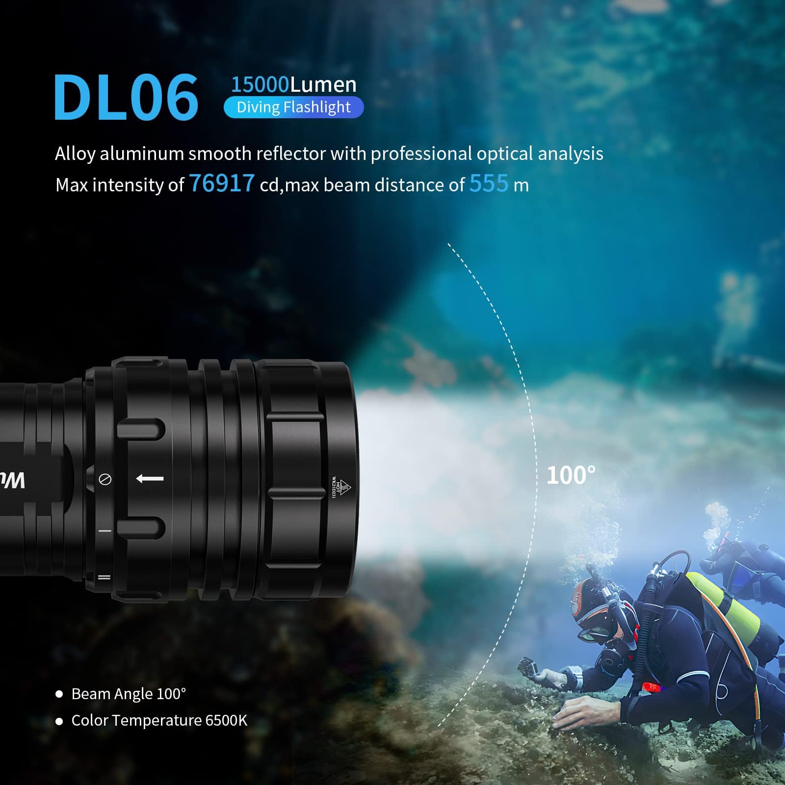 Wurkkos DL06 Lampe de plongée 15 000 lumens, rechargeable de type C, 6 LED XHP50, angle de faisceau étroit de 100 degrés, lampe de poche étanche IPX8 pour la plongée de nuit et l'exploration des