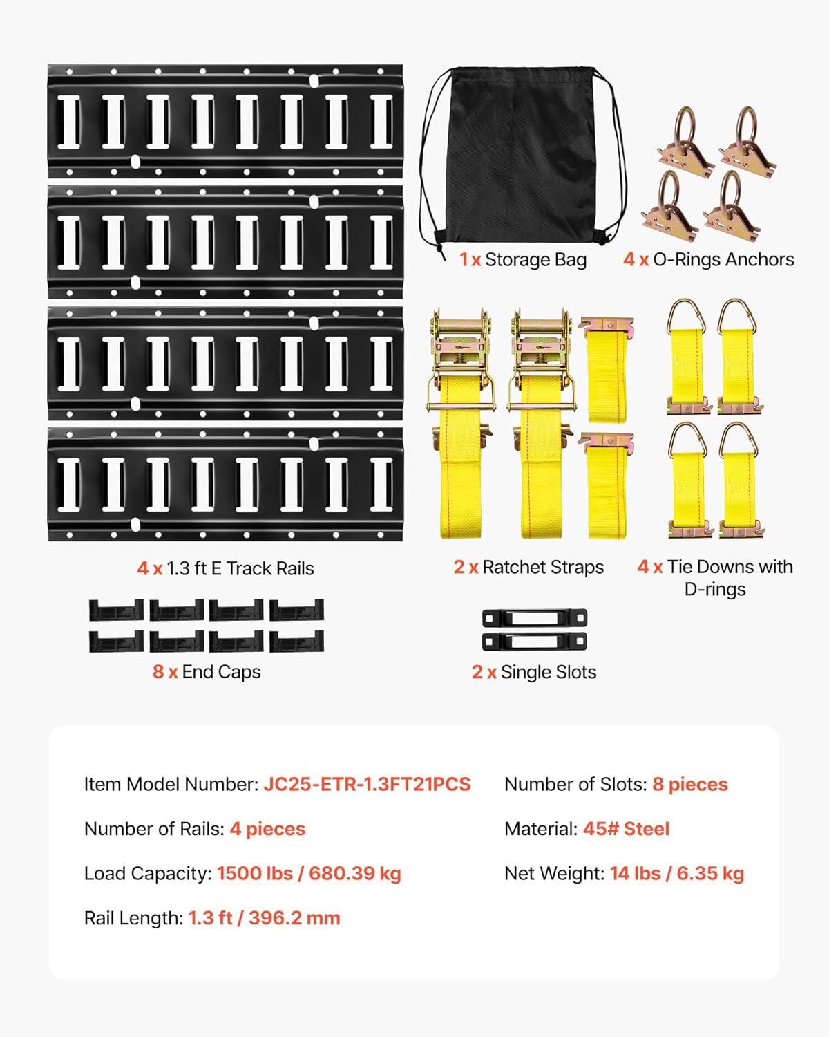 VEVOR E-Track Tie-Down Rail Kit, 4 Pack 16‘’ Etracks Rails with 21Pcs Accessories, 2 Ratchet Straps & 4 O-Rings & 4 Tie-Offs with D-Ring & 2 Single Slots & 8 End Caps & 1 Bag, for Garages, Trailers