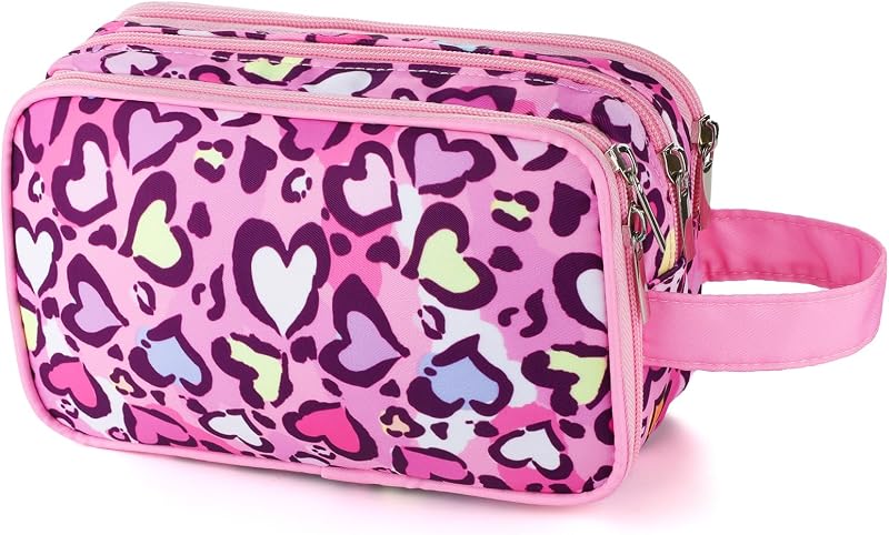 Necessaire infantil Vipdeal com estampa de leopardo rosa e zíper