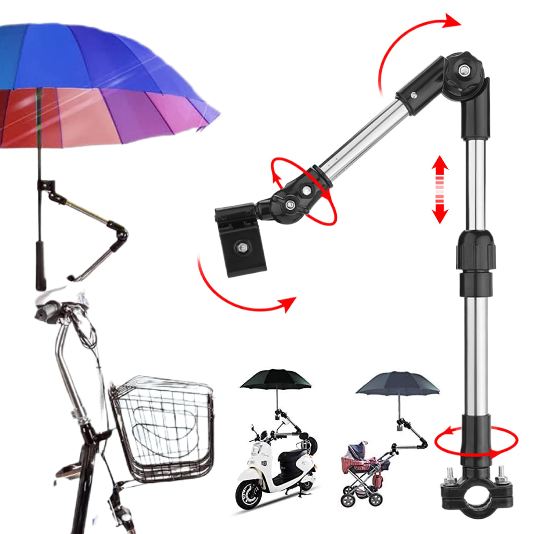 Accesorio para sombrilla de cochecito, soporte ajustable a 180°, abrazadera extensible para manillares de 2 a 2, 5 cm (0, 83-0, 98"). Ideal para bicicletas, carritos de bebé, coches eléctricos y mot