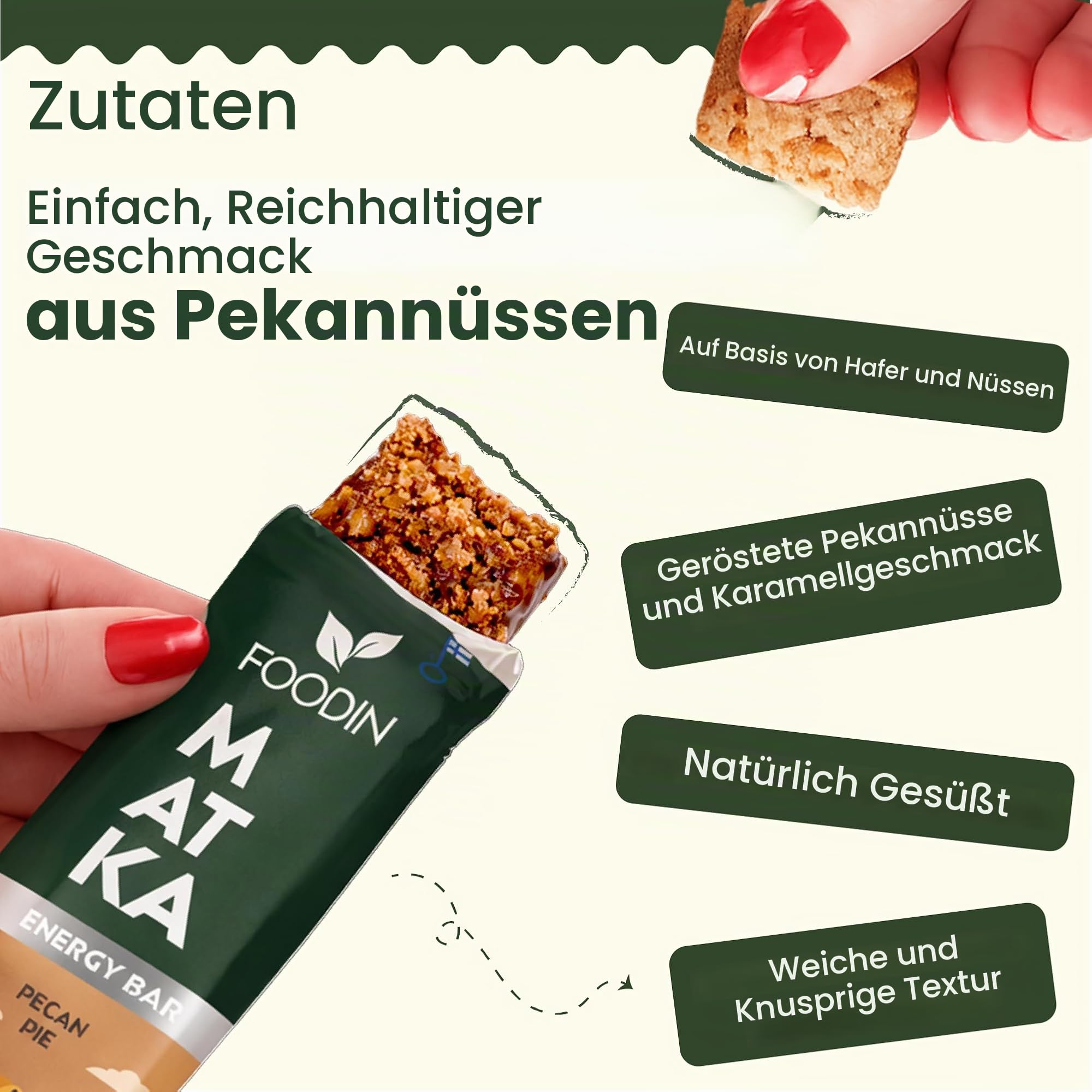 FOODIN MATKA Energieriegel Pekannusskuchen – 12 x 50 g – Glutenfreie Haferflocken & Pekannüsse – Ohne Zuckerzusatz & Palmöl – Gesunder Snack für Arbeit, Schule & unterwegs