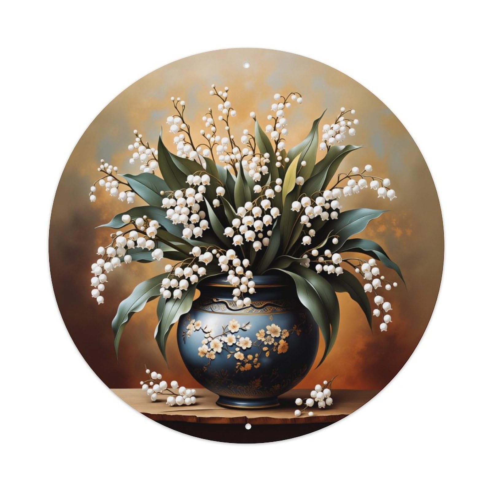 Wmlzdnwr Vintage Lily Of The Valley Floral Pattern On Blue Vase Round Tin Sign,Retro Wall Art,Metal Poster For Home, Bar, Garage, Cafe, Rustic Indoor & Outdoor Decor, 8X8 Inches