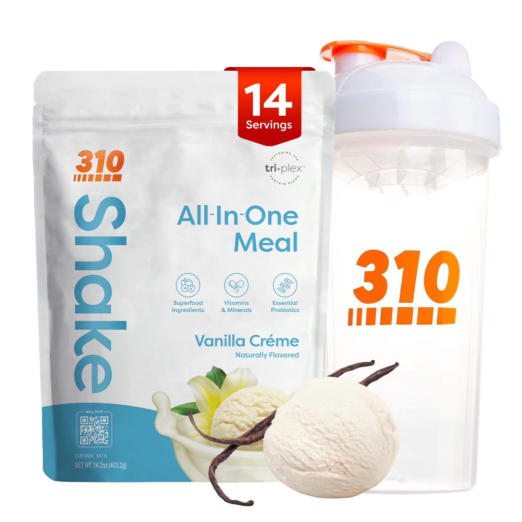 310 Nutrition Meal Replacement Shake Powder Starter Kit with Shaker Cup - Vegan Protein, Fiber & Superfood Blend - Sugar-Free, Low-Carb, Keto & Paleo-Friendly - Vanilla Creme - 14 Servings