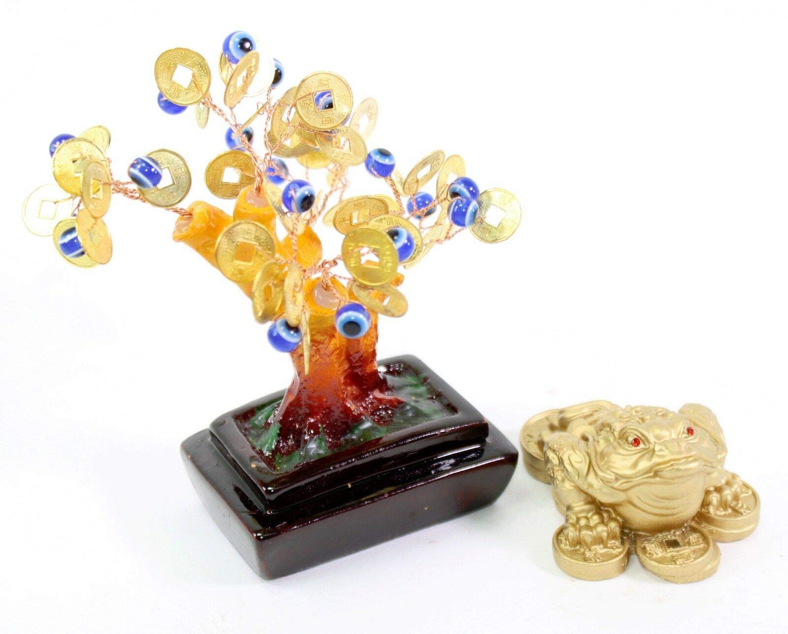 Anya Nana Gift Set of 2~Fengshui Gold Money Frog Blue Evil Eye Money Tree Home Decor Gift AN2407