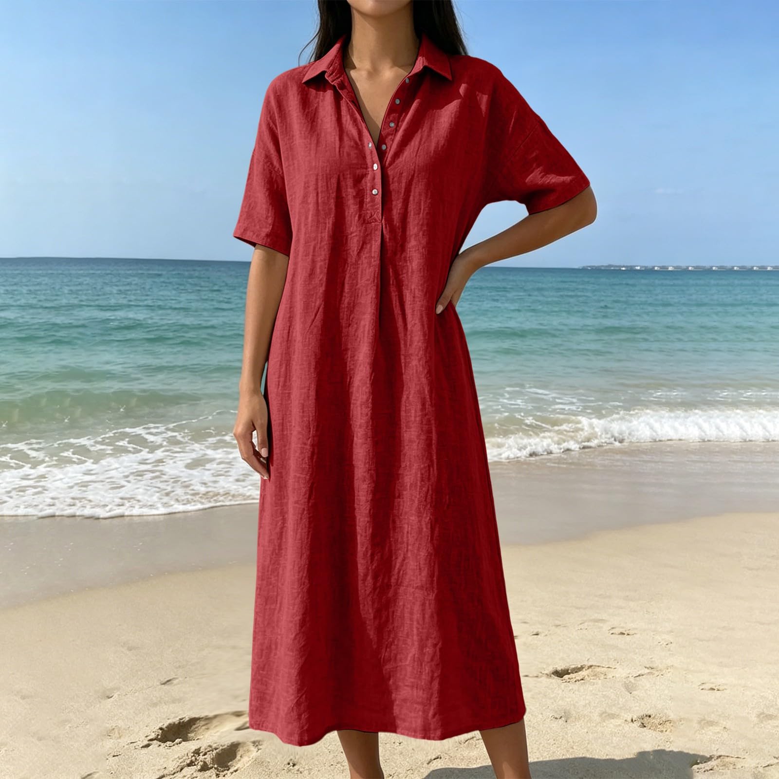 Abiti Estivi da Donna Elegante con Scollo Rotondo/Scollo a V Abito Elastico in Vita Abito Casual Donna Estivo Antipiega