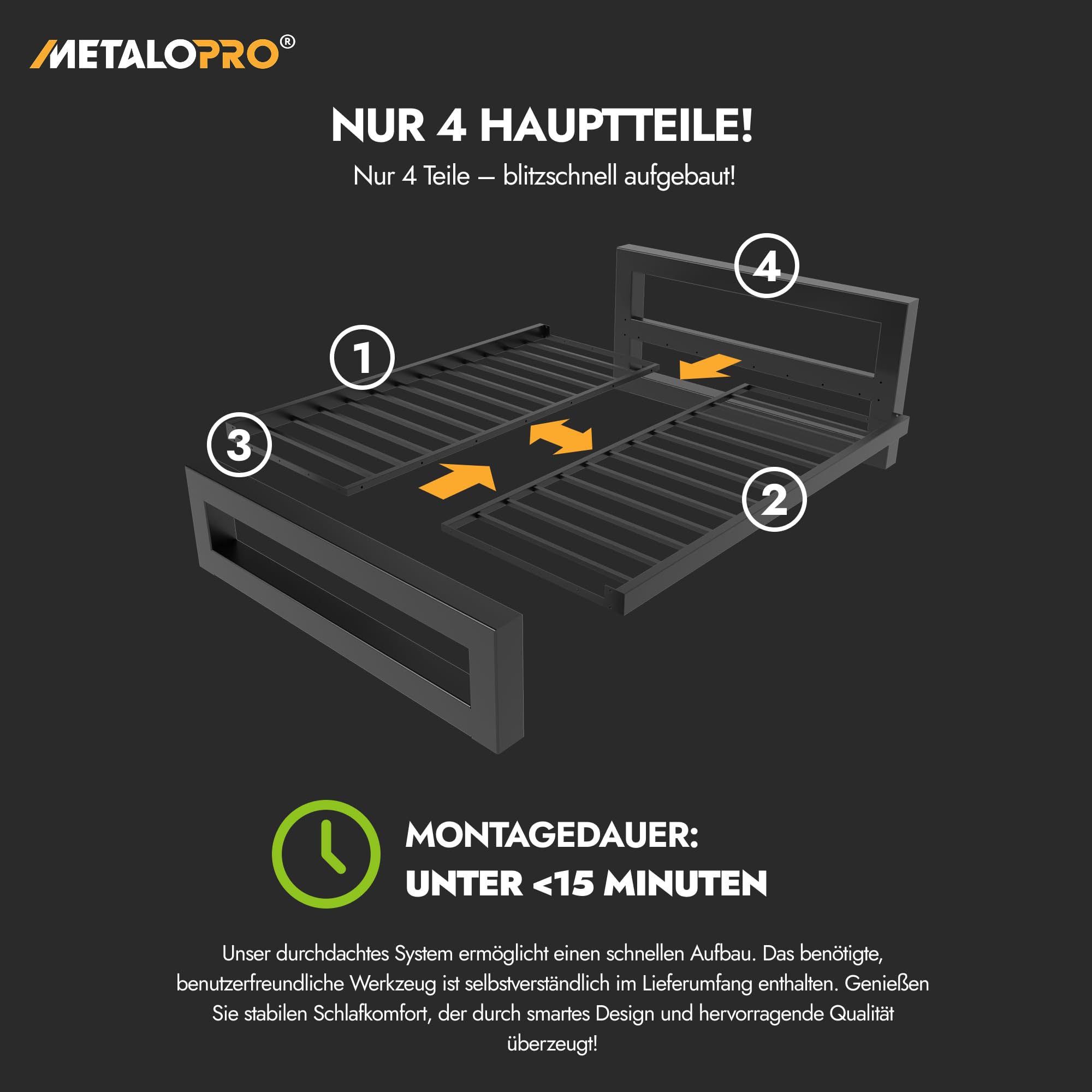 Massives Bettgestell – Metall Bettrahmen bis 1000 kg belastbar, Robuster Metallrost ohne Quietschen, Viel Stauraum, Schnelle Montage <15 Min, Modernes Design – 180x200 cm