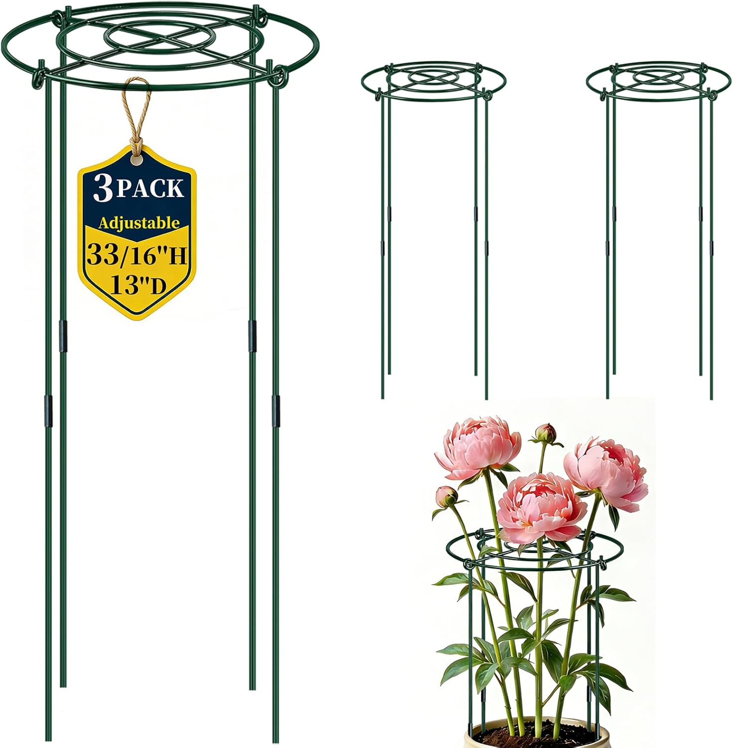 QwayHome 3Pack Peony Cages and Supports 33''H x 13''D Grow Through Plant Support, Adjustable High, Heavy Duty, Rust-Resistant, Round, Flower Support Cage Ring for Rose Tomato Hydrangea Indoor Outdoor