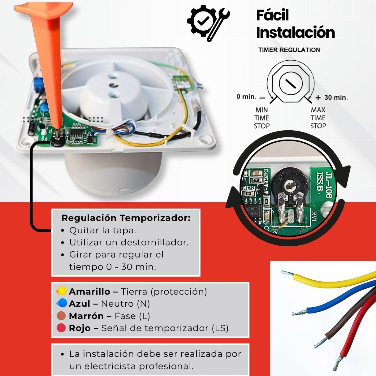 GOLDMAN SERVICE | Extractor de Baño Silencioso con Temporizador Ventilador Extractor de Aire Anti Humedad Olores Válvula Antirretorno y Mosquitera | Diámetro: 100 milímetros 12W