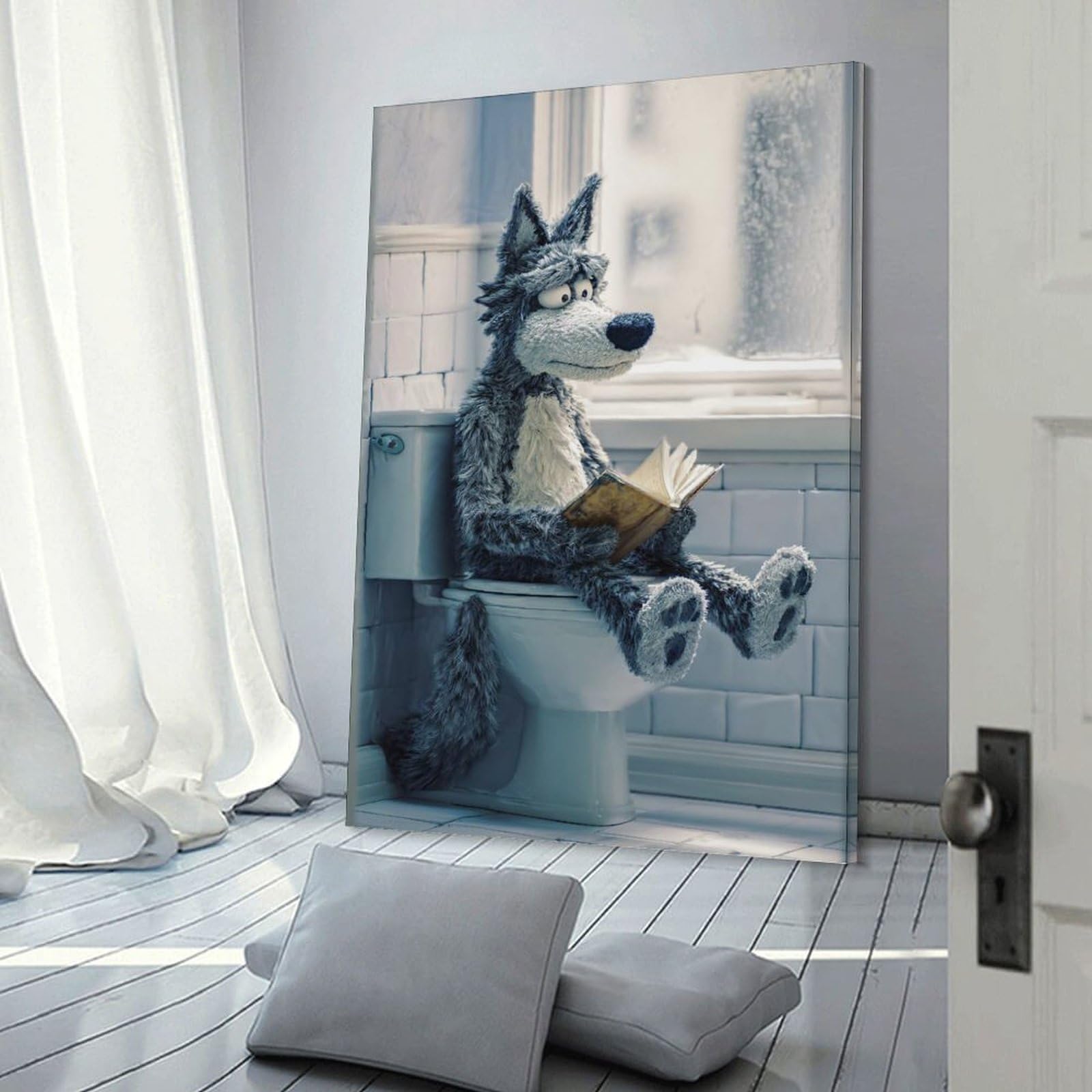 Junmoney Wolf Reading on A Toilet Room Decor Wall Art 20x30inch(50x75cm), for Bedroom, Guest Room Or Reading Nook, An Easy Wall Refresh for Bedrooms