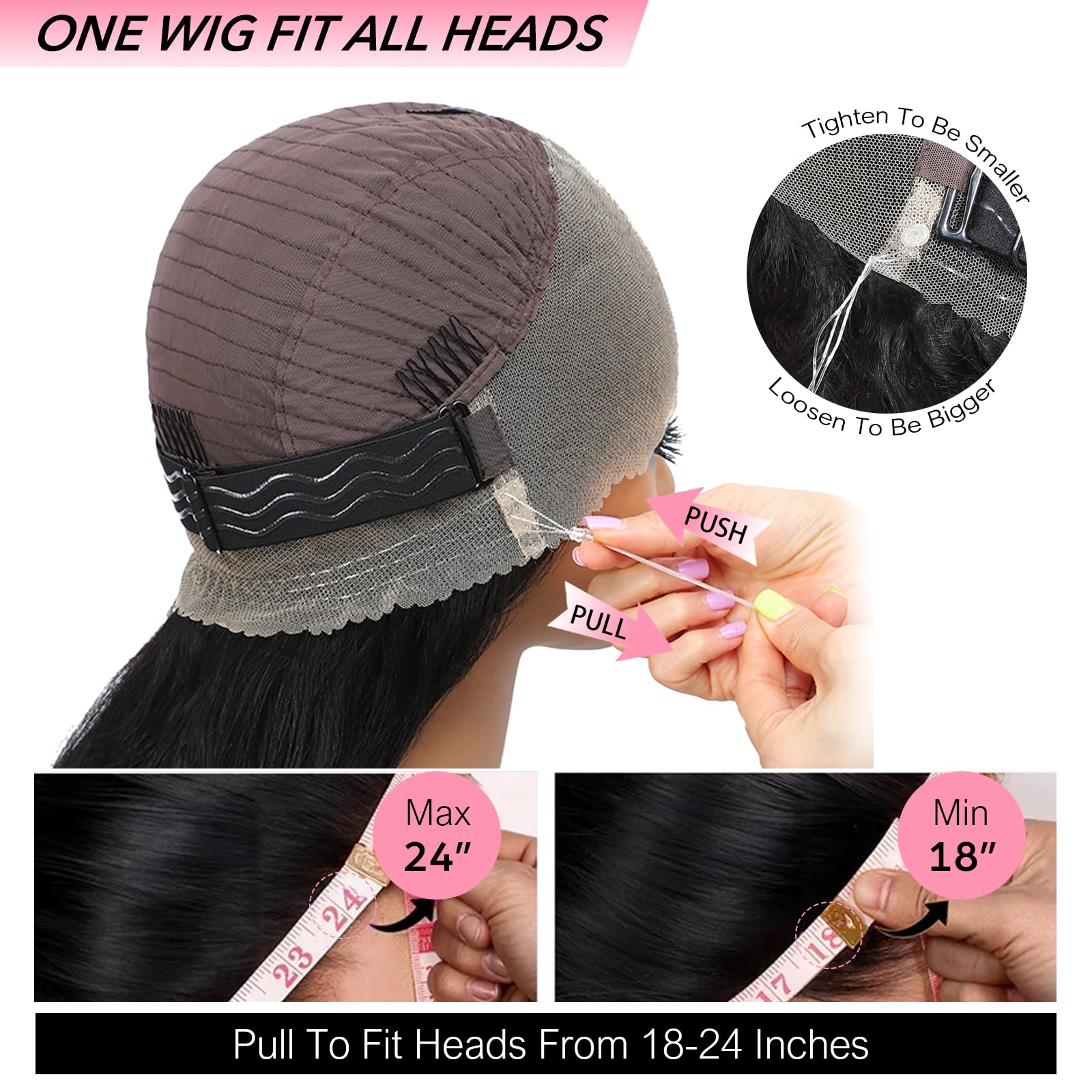 16 pouces Hidden Straps Perruque Cheveux Humain 360 Full Lace Front Human Hair Wig With Drawstring，Invisible Strap 200% Densité Straight Perruque Femme Naturelle Black With Baby Hair (41cm)