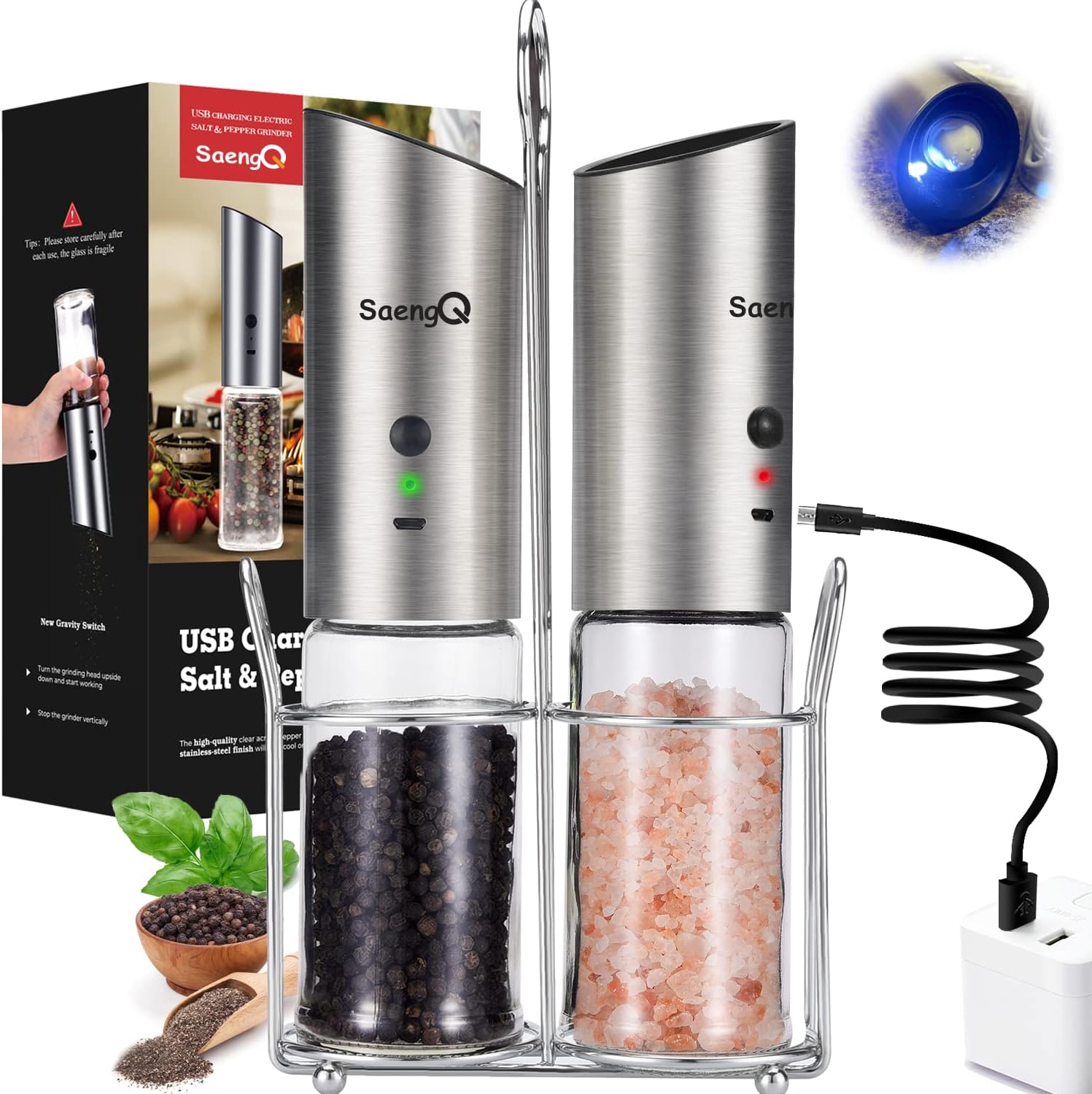 Gravity Rechargeable Electric Salt and Pepper Grinder Set of 2,USB Rechargeable Kitchen Electric Pepper Mill with Adjustable Grinder,LED Light,Tall Glass Salt and Pepper Grinders Refillable