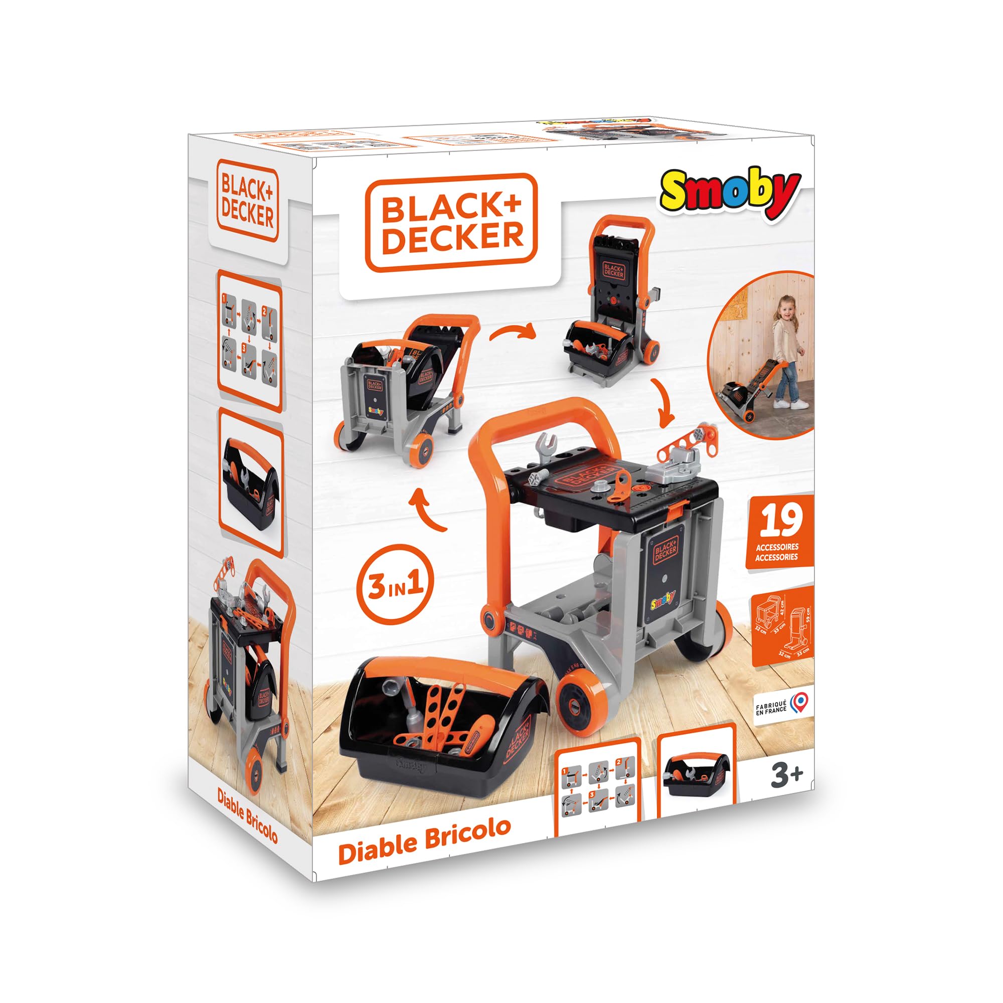 Smoby - Black+Decker - Carrello + Banchetto 3 in 1 - Giocattolo fai da te per bambini - 19 Accessori - 7600360219