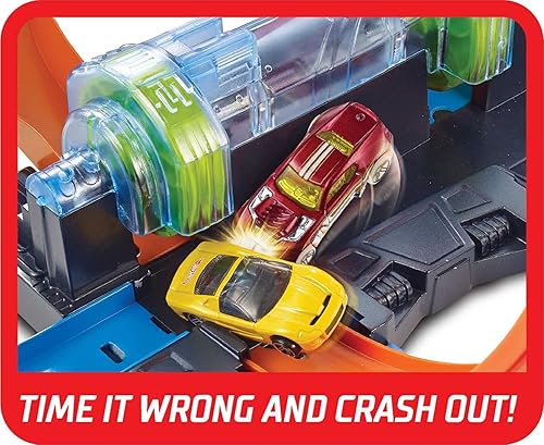 Miniatura 5 de Hot Wheels Juego de rieles y coche de juguete pista motorizada a gran escala con 3 bucles para sacacorchos 3 zonas de choque y almacenamiento de