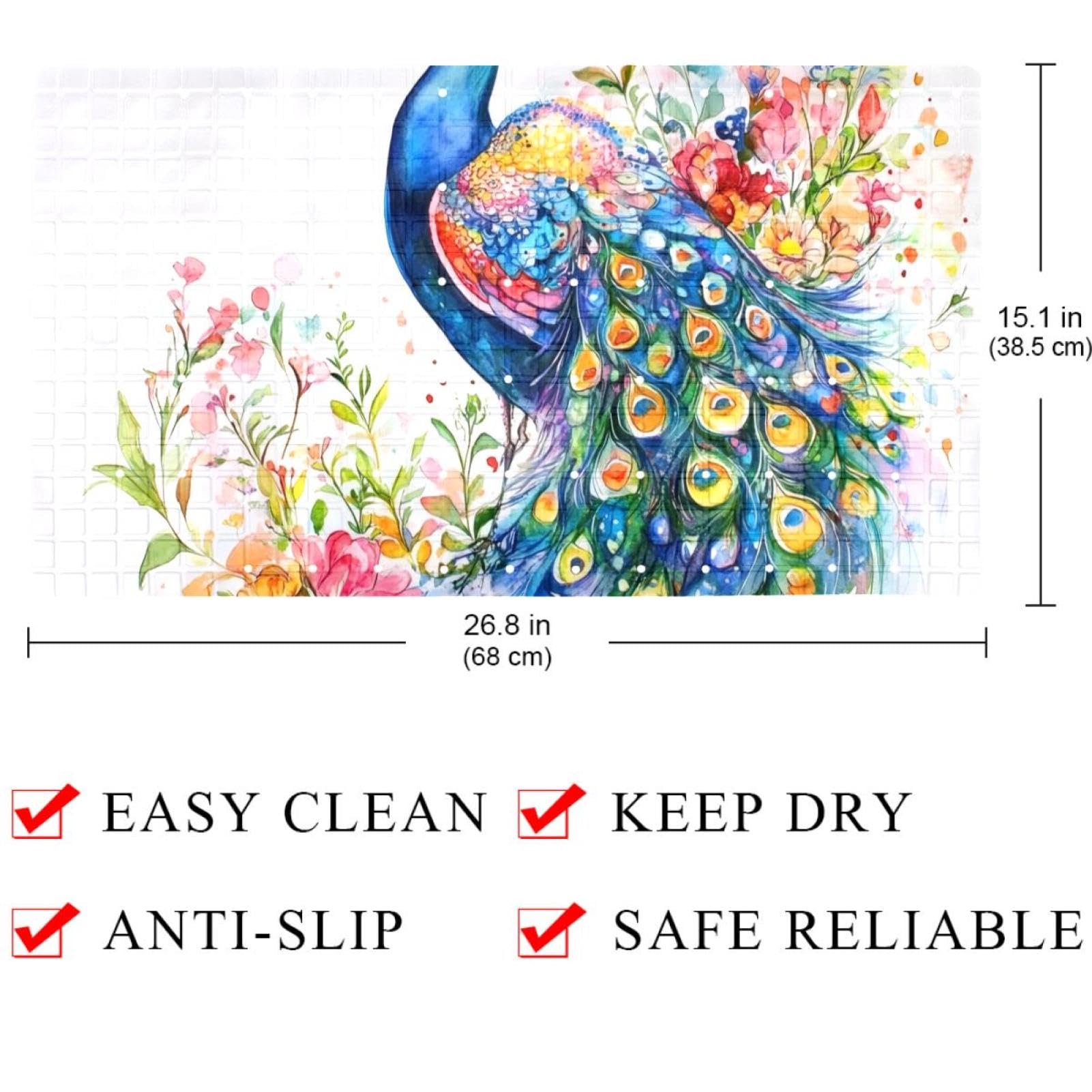 Rutschfeste Badematten für Badezimmer, rechteckig, Motiv: Pfau mit Federn, 40 x 70 cm