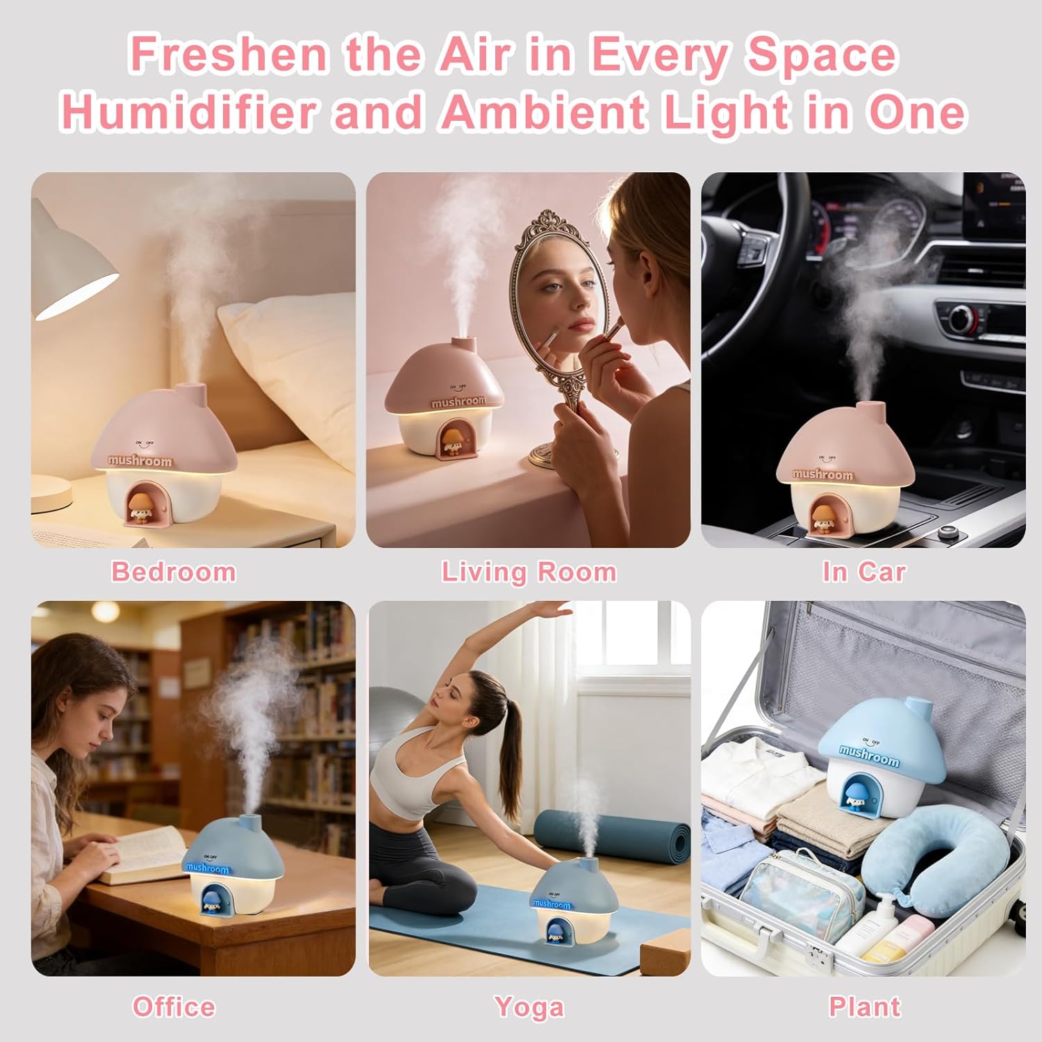 Mushroom House Humidifiers, Rechargeable Desktop Silent Air Humidifier with Night Light, USB Portable Cute Mist Humidifiers with Rainbow Gradient Lighting for Home, Office, Car, and Travel (Pink)
