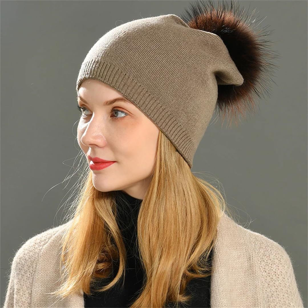 Gorros De Cachemira Para Mujer, Gorro De Punto Liso Con Pompón De Piel Grande, Gorros De Lana Cálidos Para Invierno