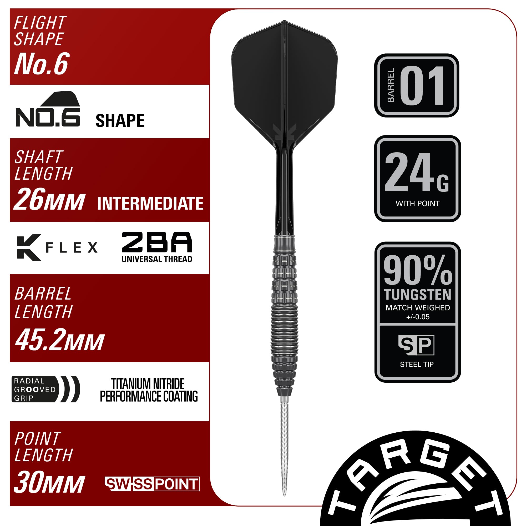 Target Japan Black Marque Phantom Zestaw rzutek ze stalowymi końcówkami K-Flex Swiss Point 90% wolframu, lotki KFlex Dart, szwajcarskie nano-pointy, czarno-srebrne stalowe końcówki rzutek