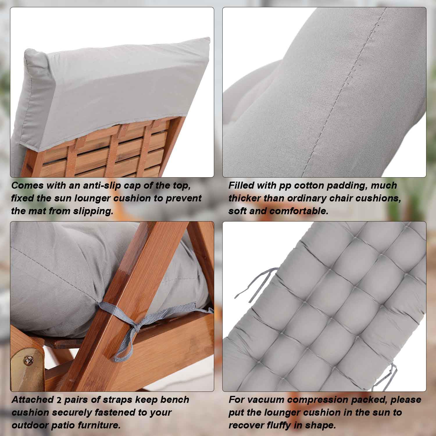 Warmiehomy Cuscino per sedia a sdraio con antiscivolo, 160 x 50 x 8 cm, per lettino da giardino, per esterni, spesso e confortevole, con fascia di regolazione, cuscino per sedia a sdraio, grigio