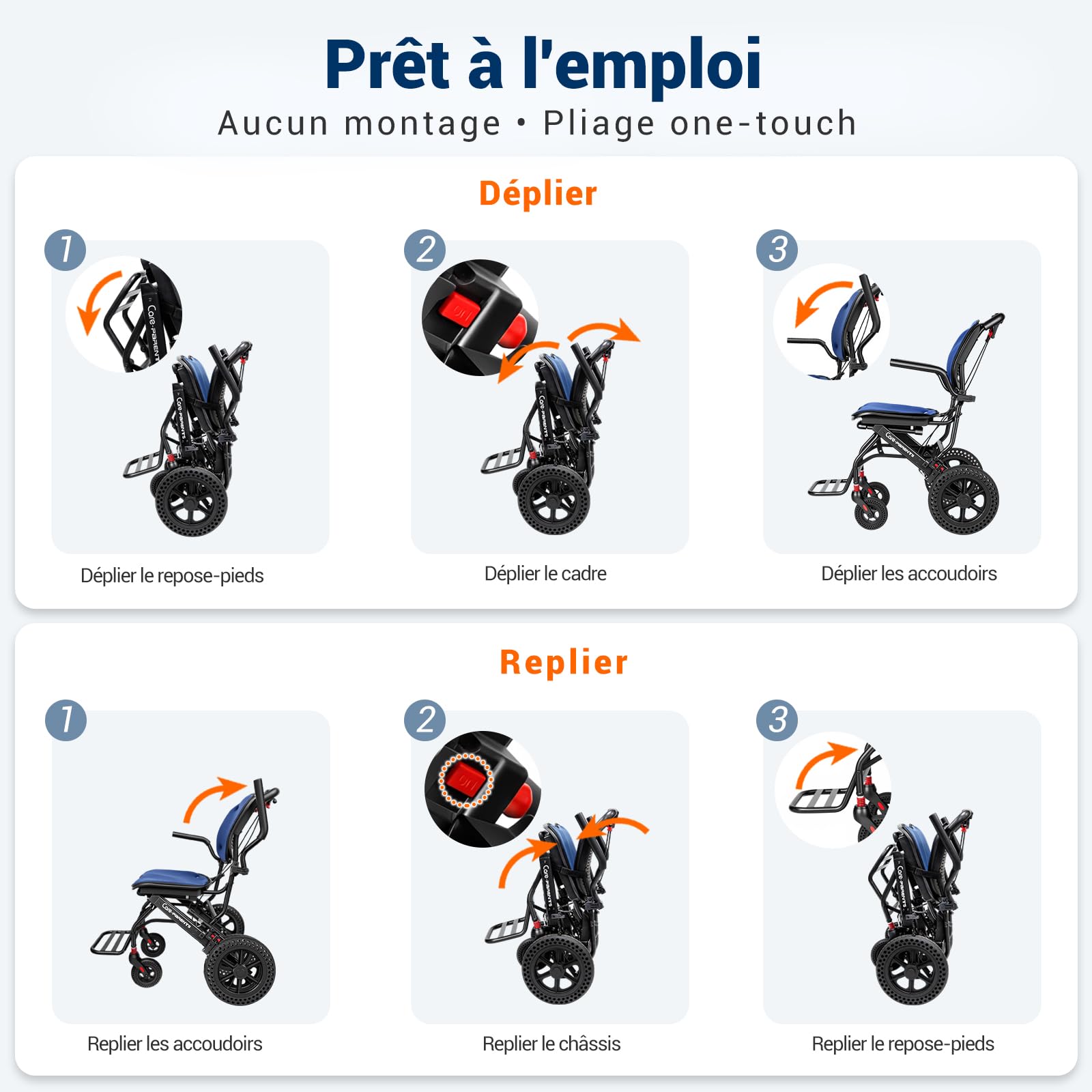 Care Parents Fauteuil Roulant de transfert Pliable(10kg),42cm Siège,Aluminium,Chaise Roulante Voyage,Mode Valise,Accoudoirs Relevables,Assise Ergonomique,Coussins Amovibles,Jusqu'à 100kg(CP-0903)