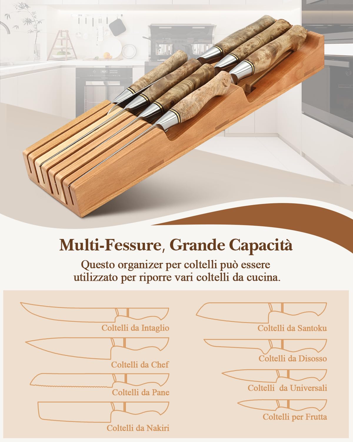HEZHEN Cassetto Portacoltelli in Legno di Ciliegio, in-Cassetto Blocco di Coltelli da Cucina in Legno Cassetto Organizzatore, Spazio per la Custodia di 7 Coltelli
