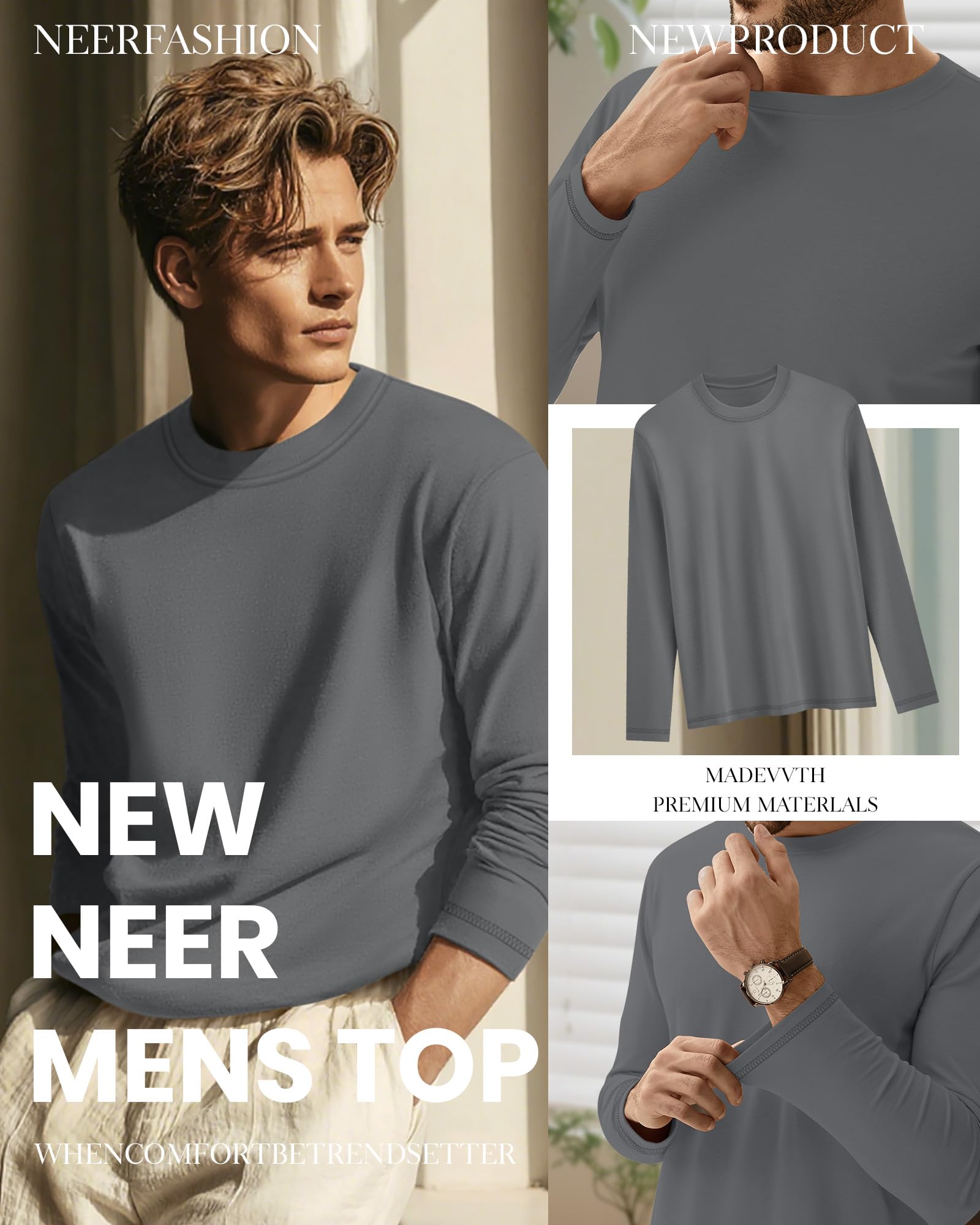 Neer Pack de 3 Camisetas de Algodón para Hombre, Tallas Grandes (L-7XL), Manga Larga, Estilo Casual, Básicas