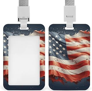 Sliding USA Flag Id Badge Holder with Breakaway Lanyard | Vertical Name Tag, Clear Front Window, Push Slide, Card Protector, Gift for Nurse Doctor Teacher Work Office Staff Supplies