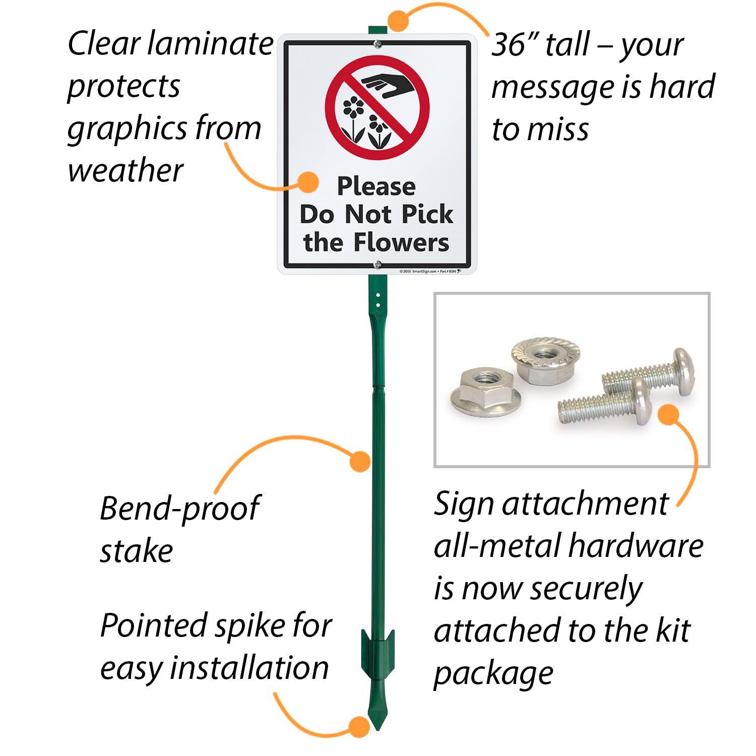 SmartSign Letrero de jardín "Please Do Not Pick The Flowers" con estaca de 3 m, aluminio laminado a prueba de herrumbre de 40 mil, rojo, negro y blanco, juego de 1