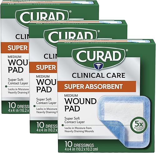 Curad Almohadilla superabsorbente para heridas, mediano, 4 x 4 pulgadas, 10 unidades, paquete de 3