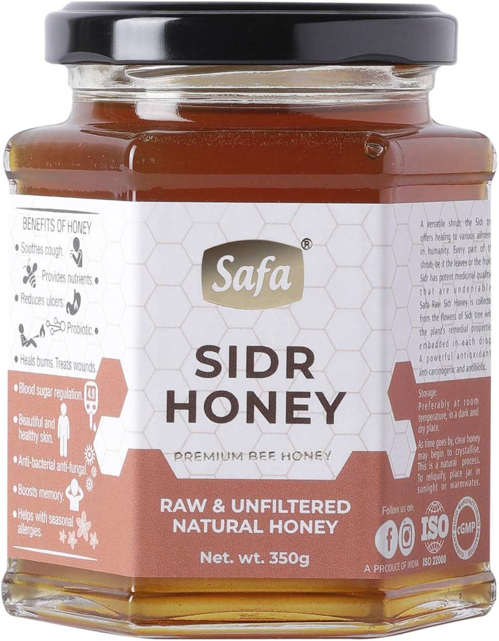 Safa Raw Premium Sidr Honey Pure Natural Organic Unheated with No Additives,350g Glass Jar