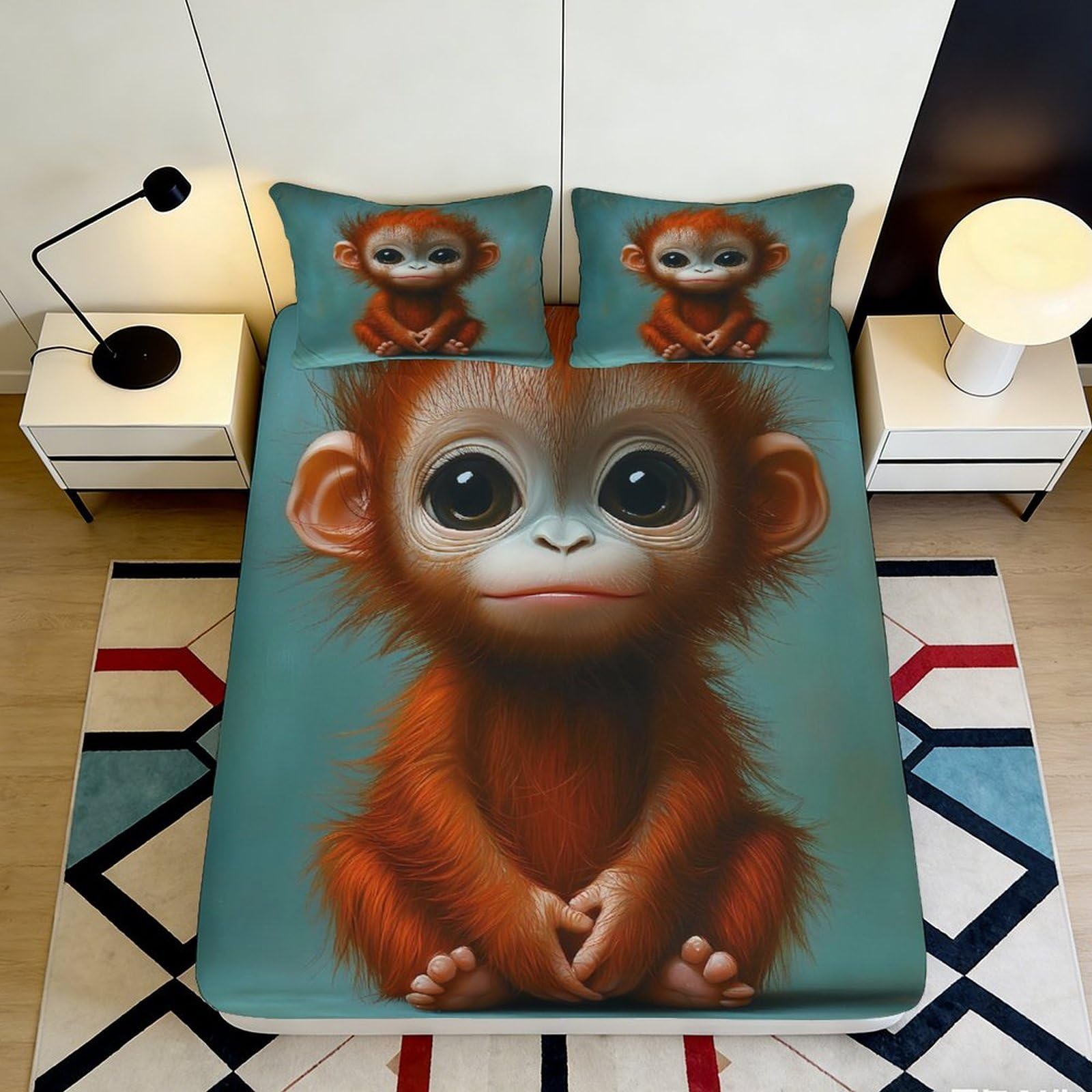 3D Printed Cute Monkey Fitted Sheet, Microfiber Soft Touch, Home Decor, Wrinkle Resistant, Guest Room Bedding, Anti-Slip, Machine Washable, Bedroom Accent, Dustproof, Orange 90x200x25cm