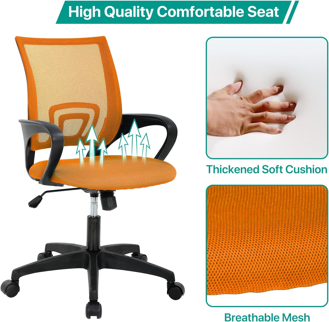 HHS Office Chair Ergonomic Executive Chair Mesh Mid Back Computer Desk Chairs with Lumbar Support Adjustable Height Swivel Rolling Rocking Task Chair for Home Office, Orange(Home Office Chair)