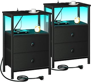 AMHANCIBLE Bedside Table Set of 2, Side Table with Charging Station and LED | Side Table with 2 Drawers and Open Compartment, for Bedroom, Living Room or Sofa, Black EHETS02BK